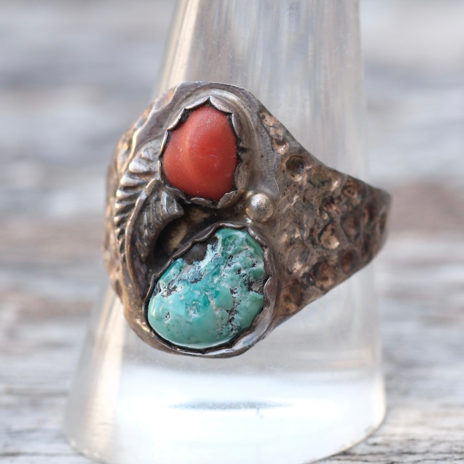 Vintage Sterling Turquoise and Coral Ring 10.25