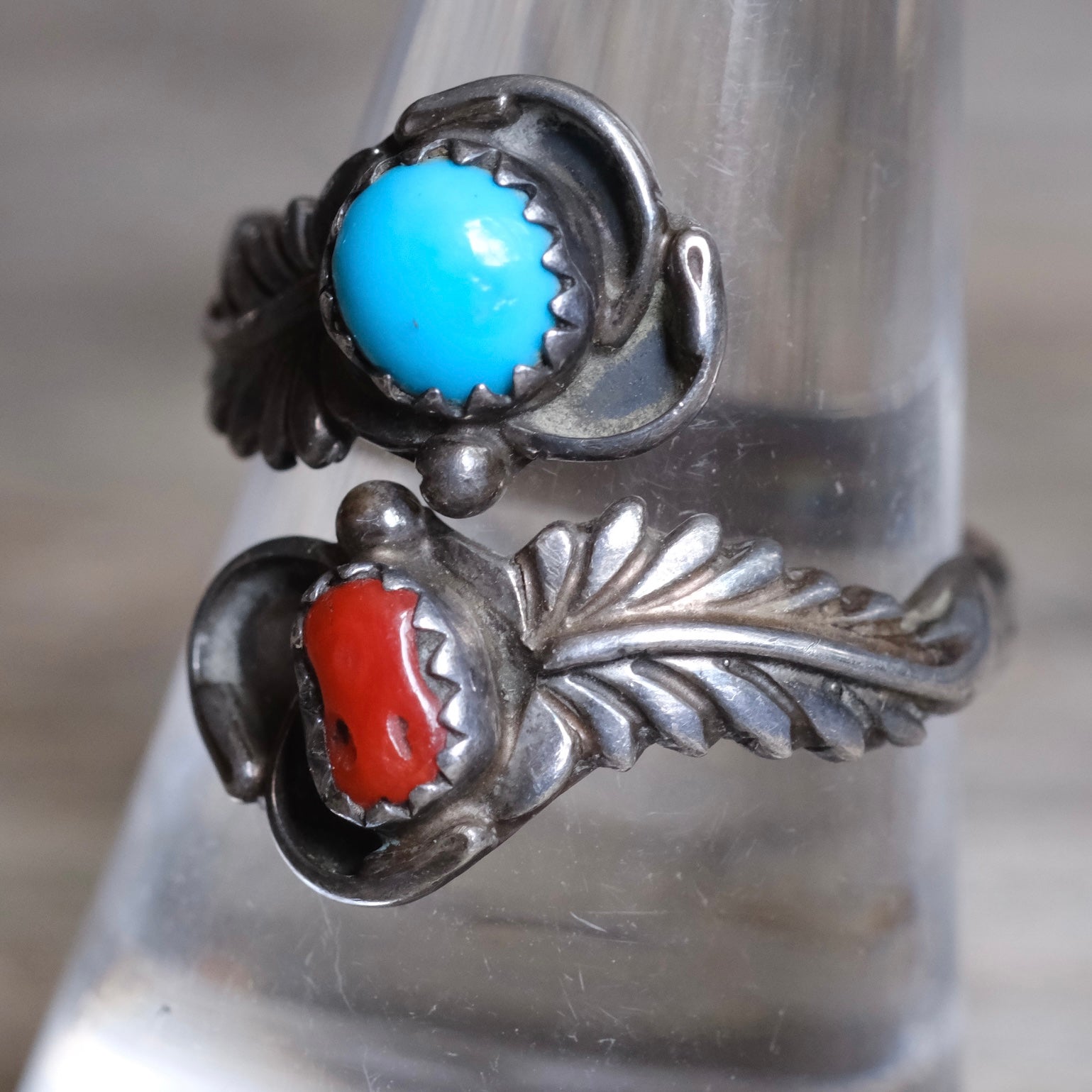 Vintage Sterling Turquoise and Coral Feather Overpass Ring 8.5