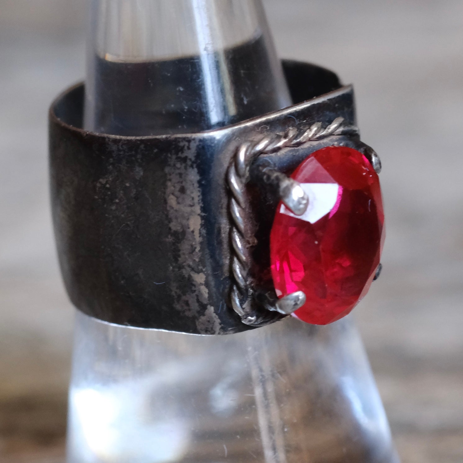 Vintage Sterling Red Glass Ring 7.5