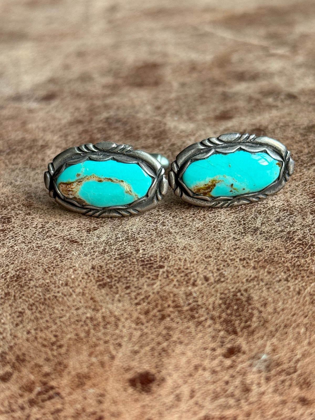 Vintage Sterling Silver Framed Turquoise Cufflinks