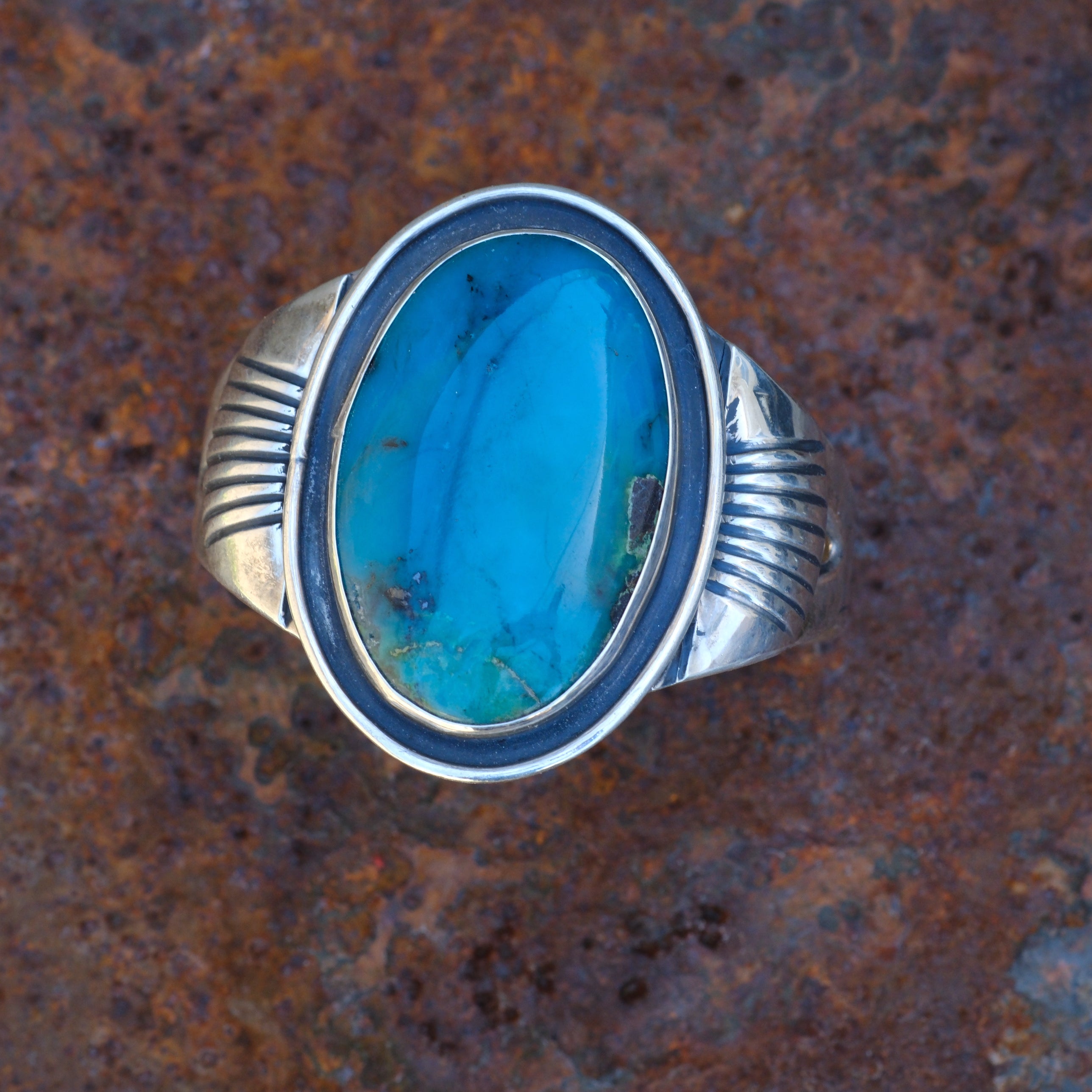 Vintage Sterling Turquoise Ribbed Cuff Bracelet