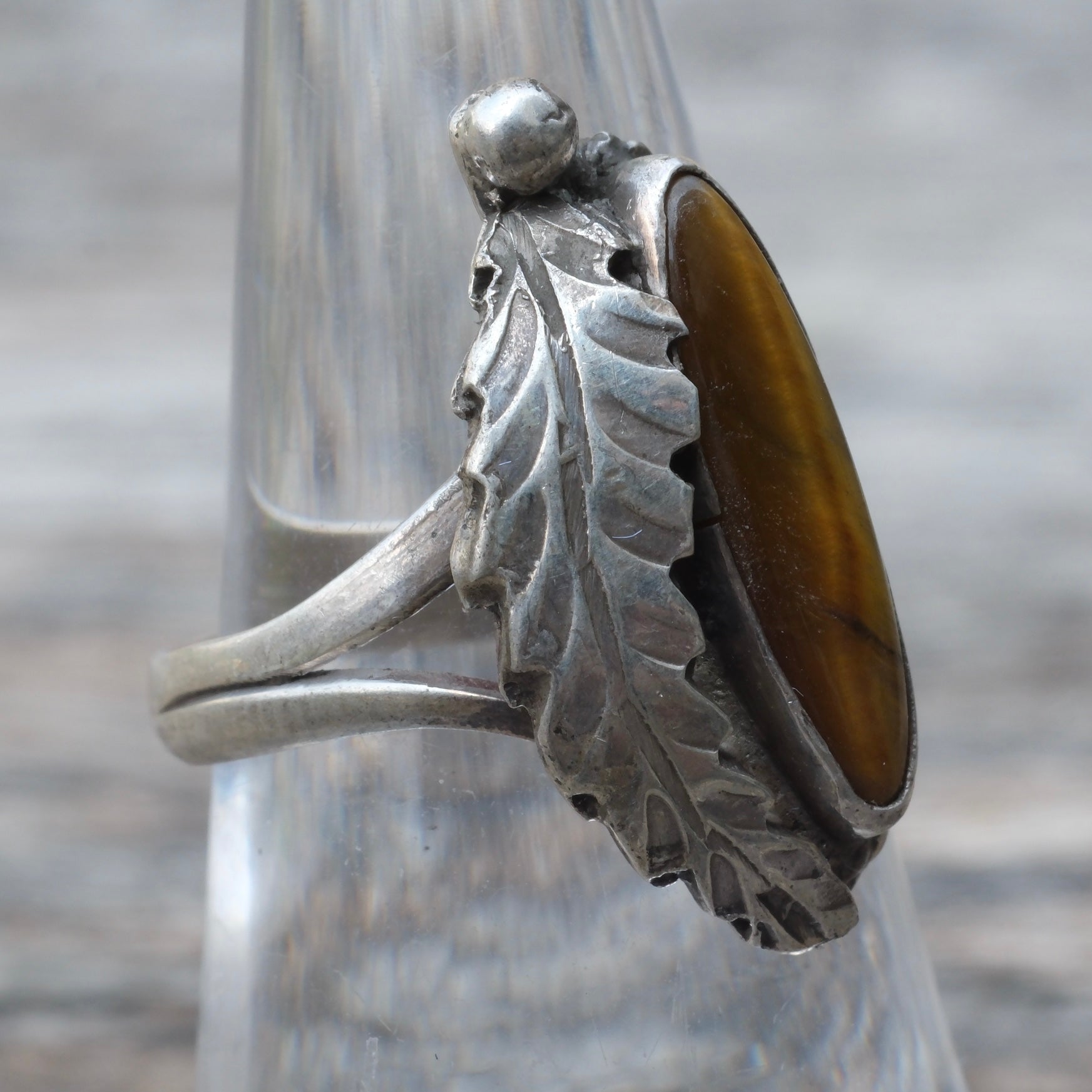 Vintage Sterling Tigers Eye Feather Ring 6.5