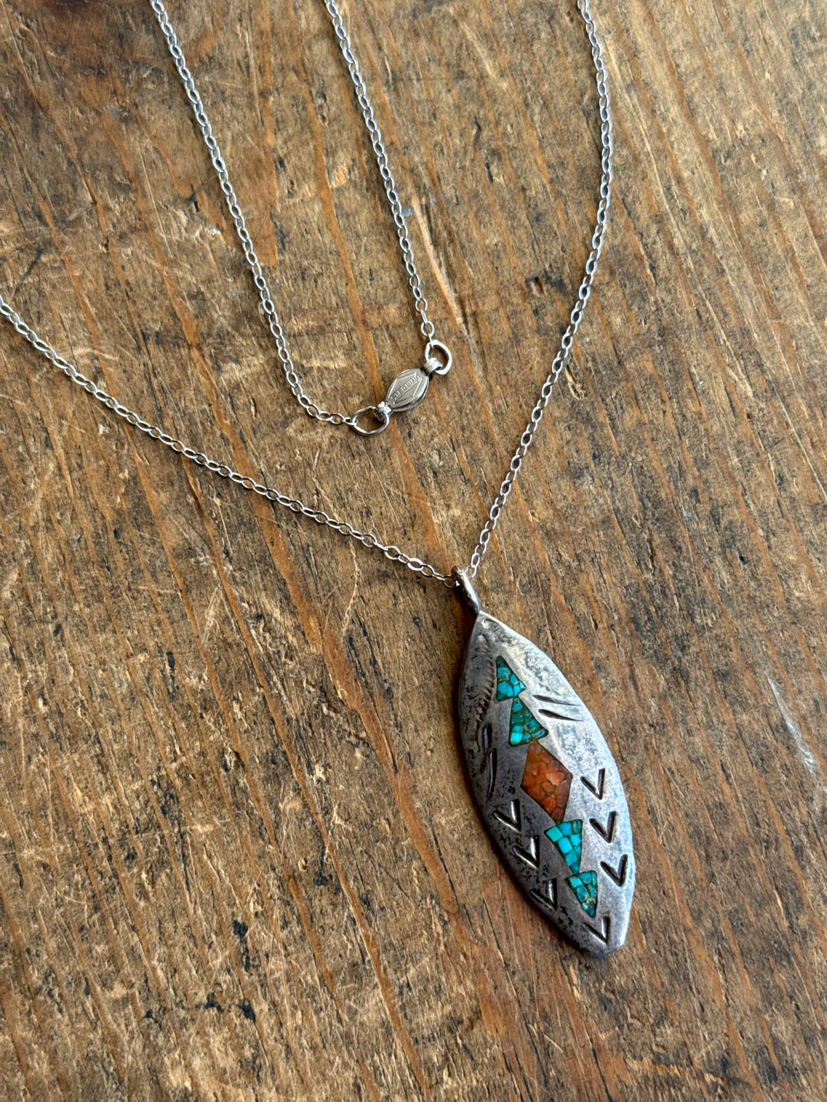Vintage Sterling Silver Crushed Turquoise & Coral Inlay Shield Necklace