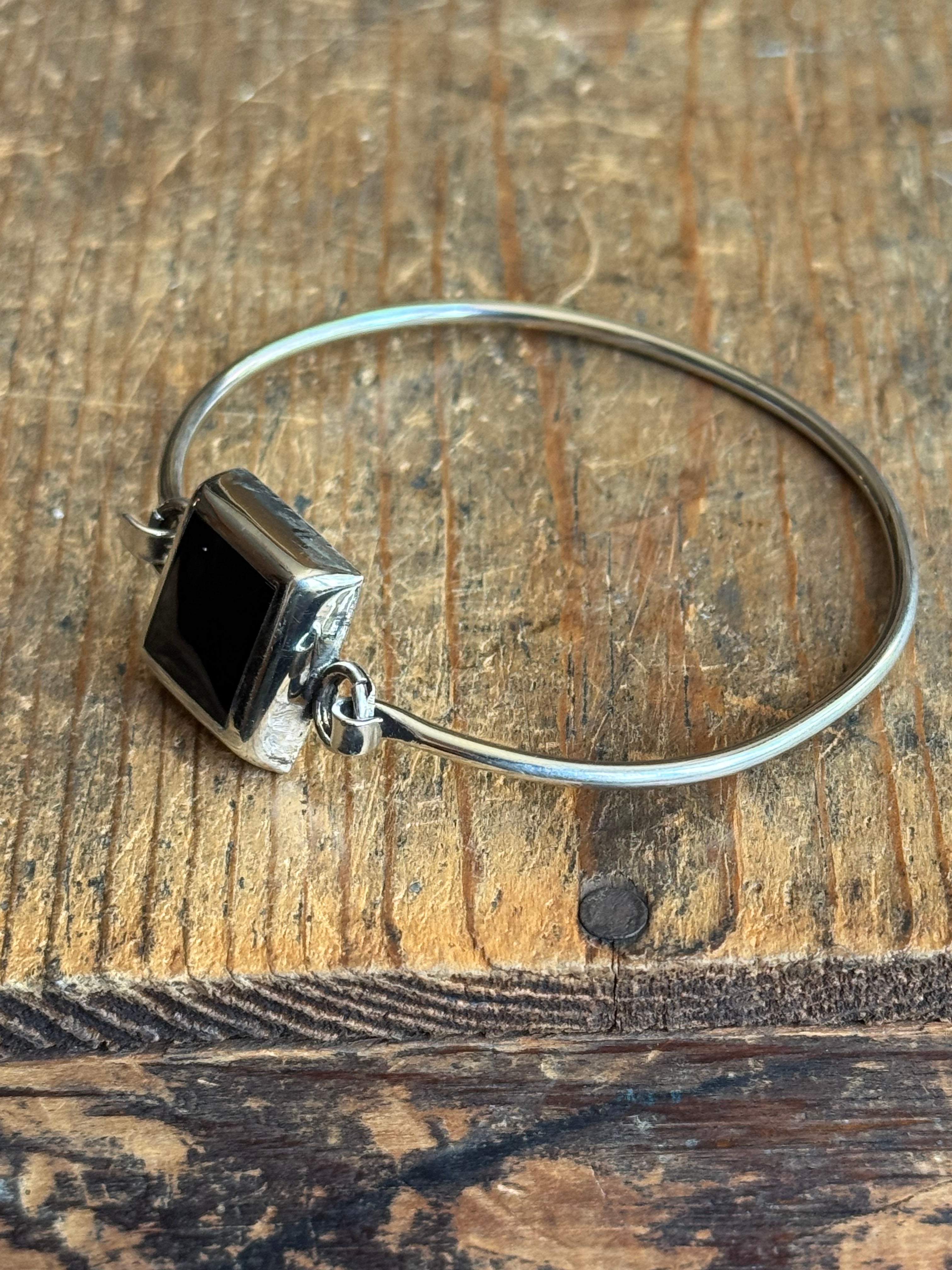 Vintage Sterling Silver Onyx Square Latch Bracelet