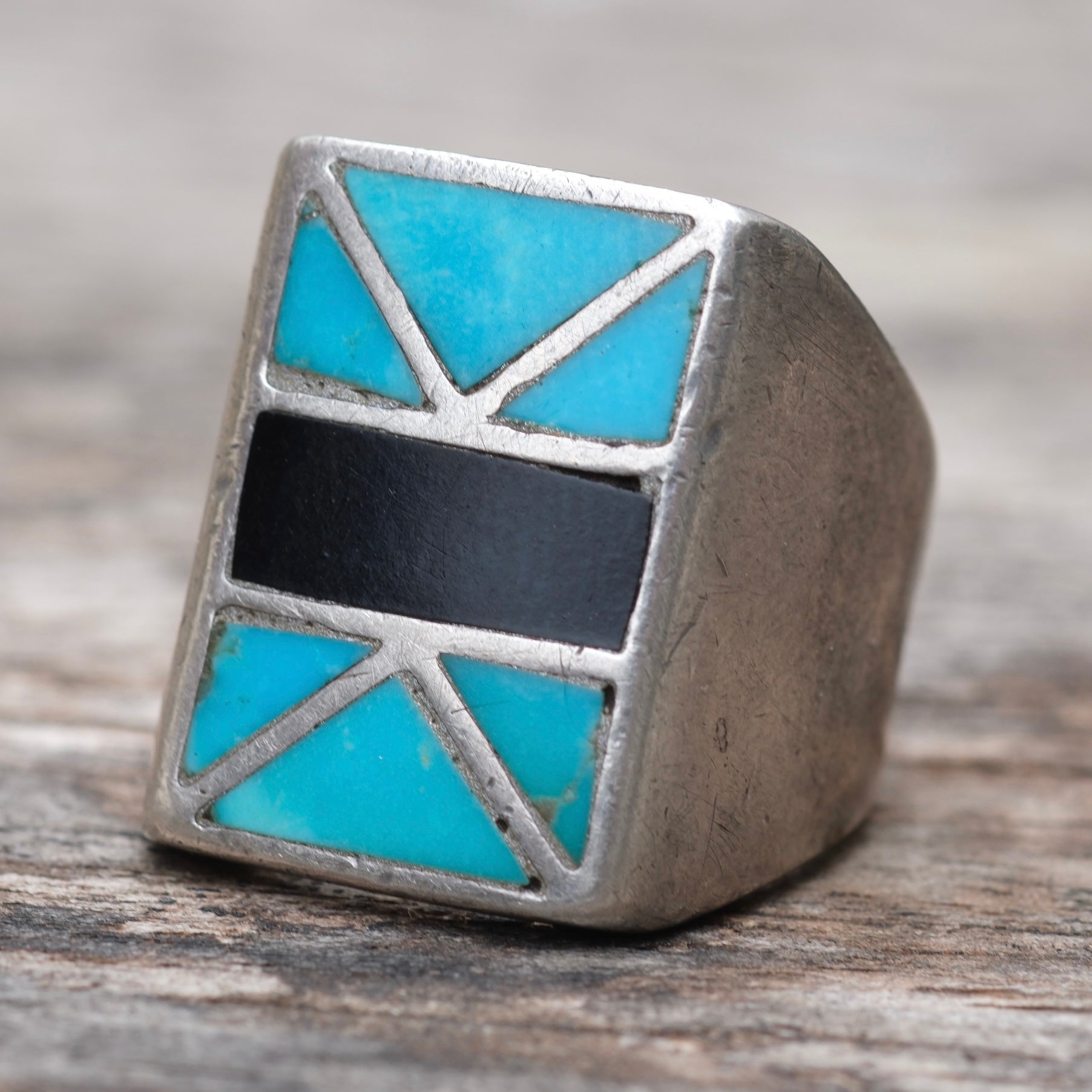 Vintage Sterling Turquoise and Onyx Inlay Ring 8