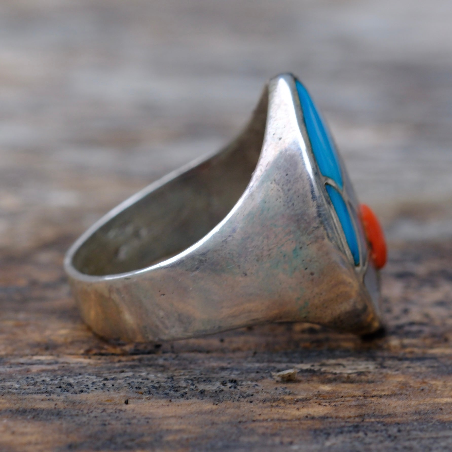 Vintage Sterling Turquoise MOP and Coral Inlay Spiderweb Ring 9.75