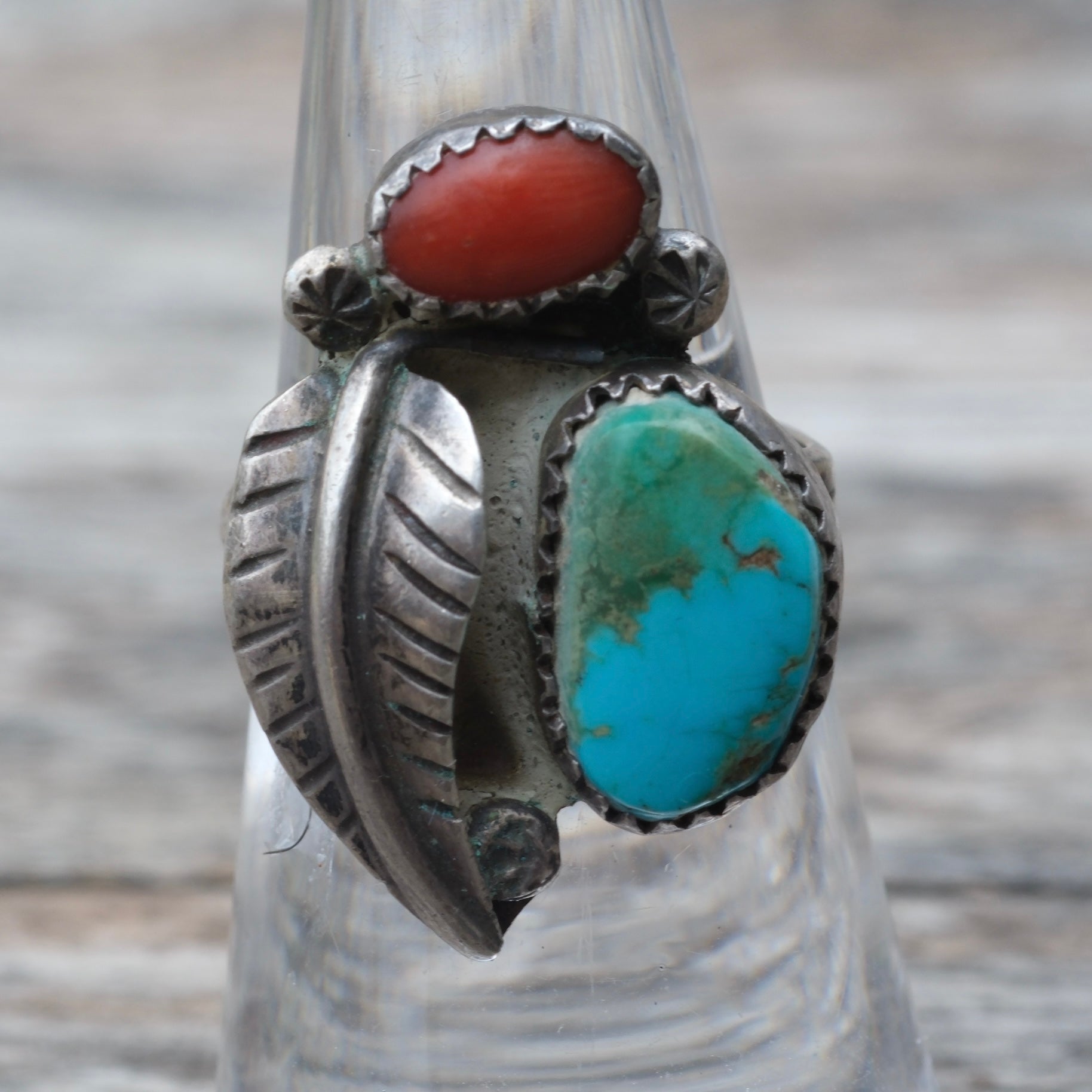 Vintage Sterling Turquoise and Coral Feather Ring 6.5
