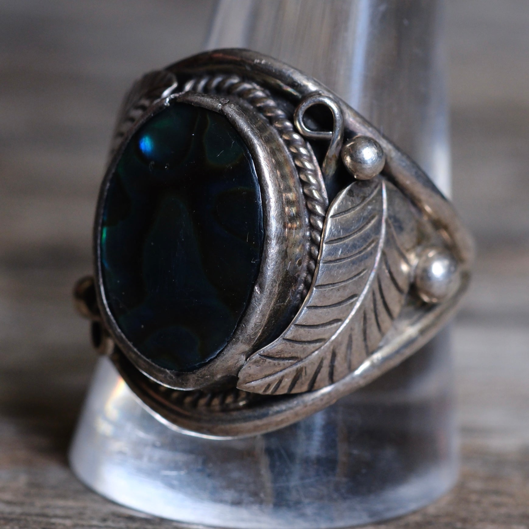 Vintage Sterling Blue Abalone Feather Ring 11.5