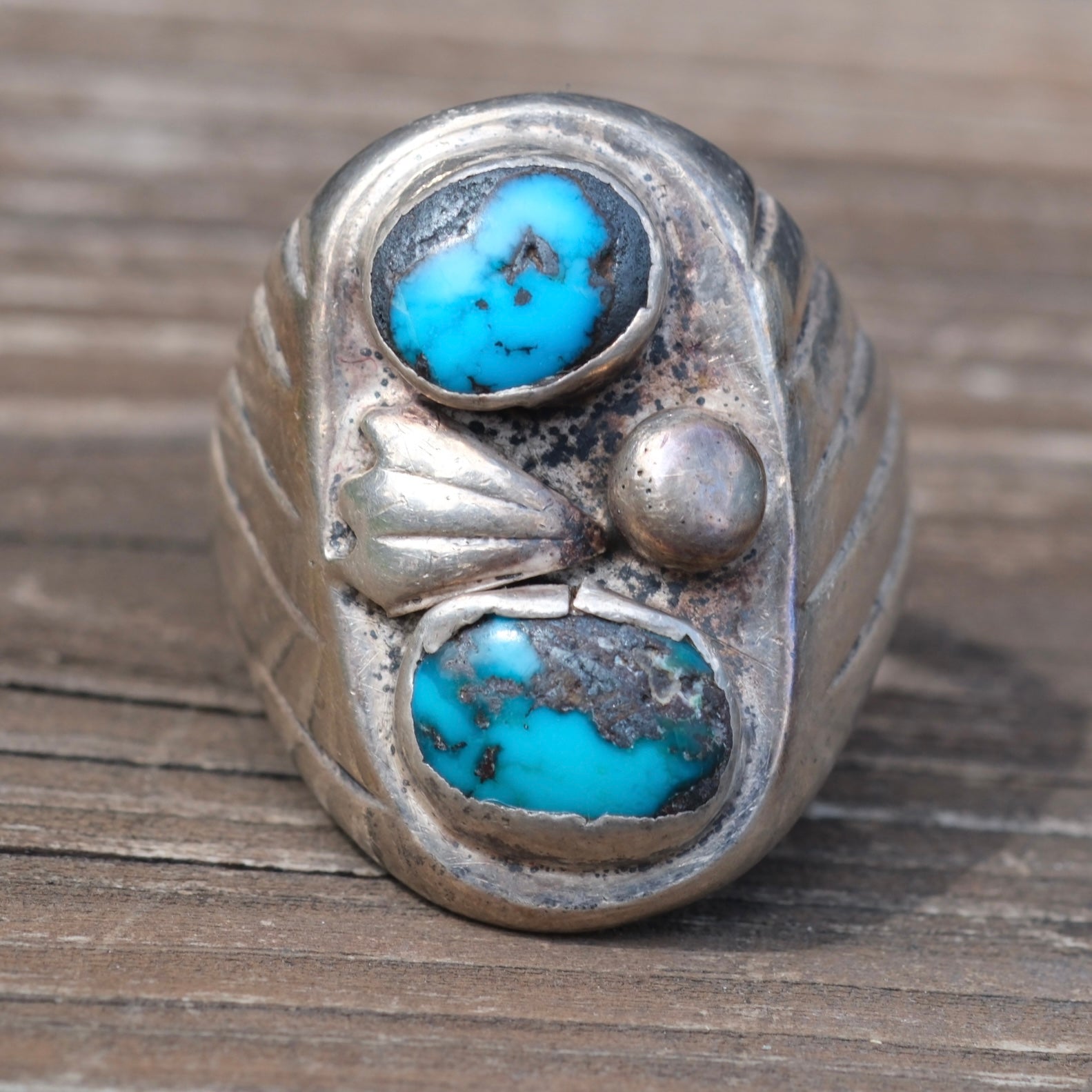 Vintage Sterling 2-Stone Turquoise Ring 9.5