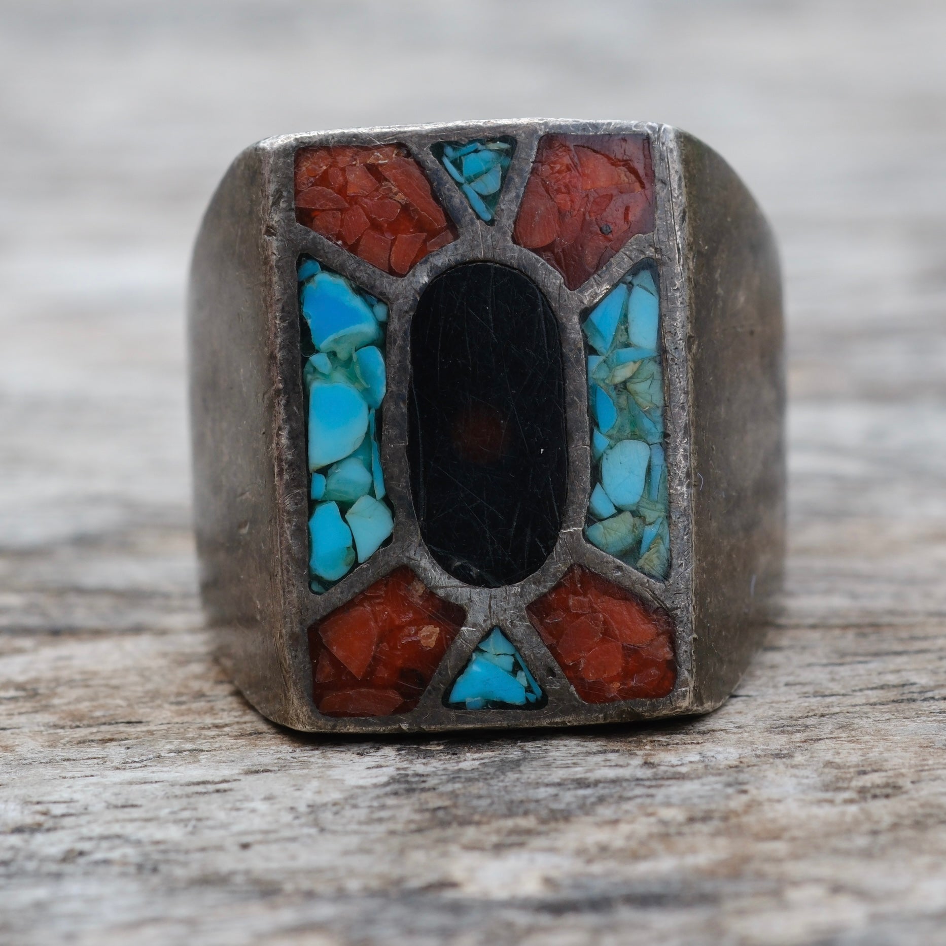 Vintage Sterling Crushed Onyx Turquoise and Coral Inlay Ring 11
