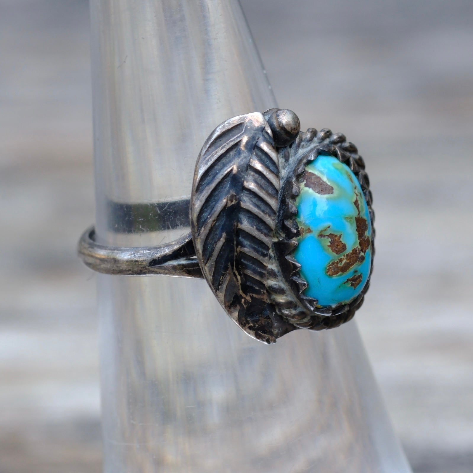 Vintage Sterling Turquoise Feather Ring 4.75