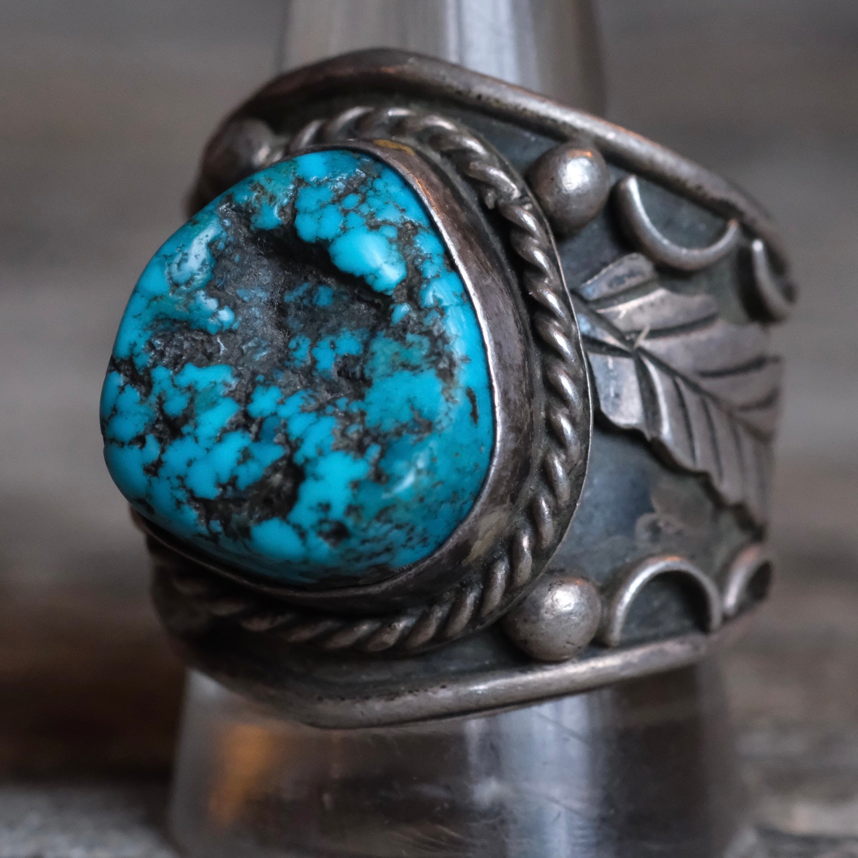 Vintage Sterling Turquoise Feather Cigar Band Ring 12