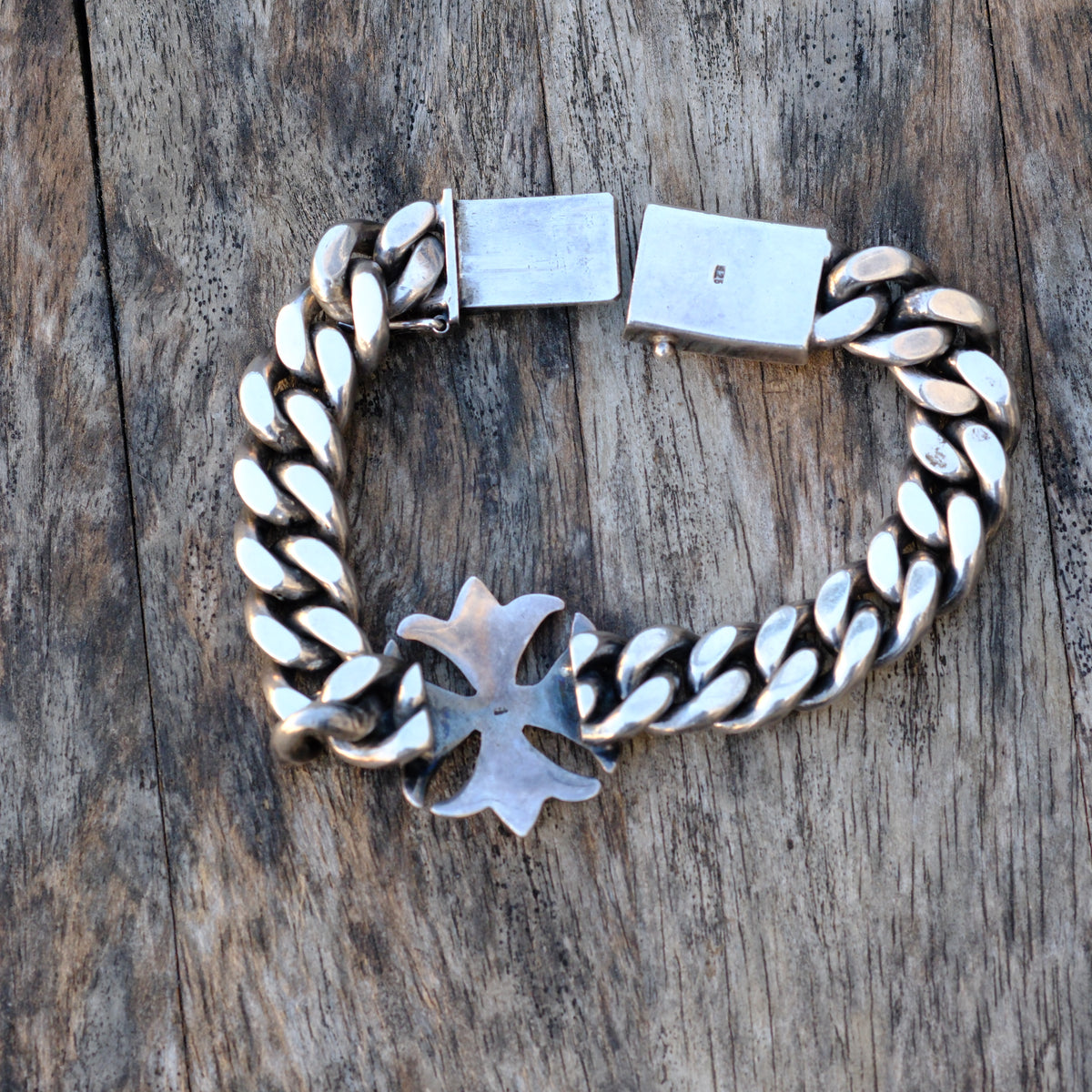 HEAVY Vintage Sterling Silver Curb Chain Cross Bracelet 8" 99.6 Grams