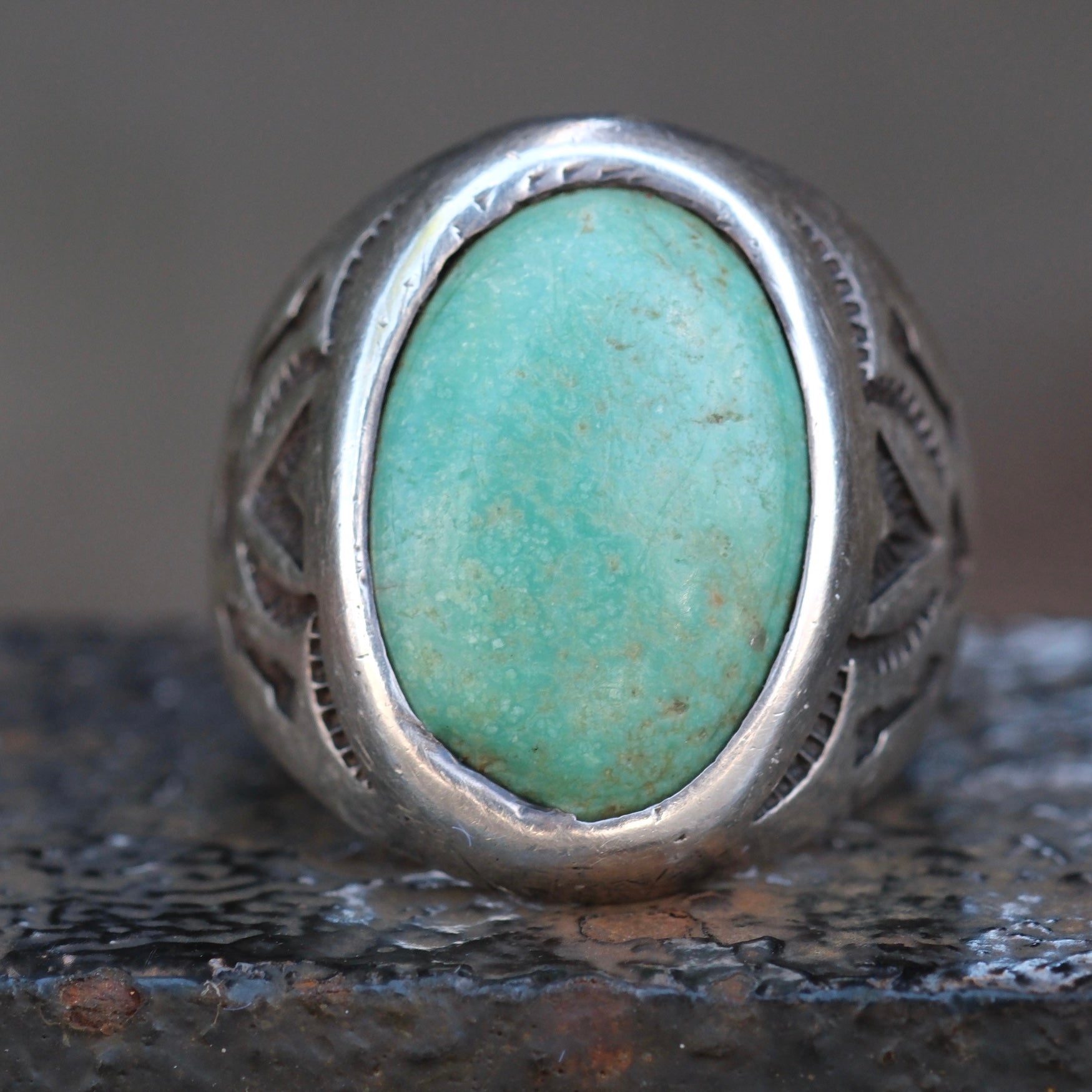 Vintage Sterling Turquoise Stamped V Trading Post Ring 9