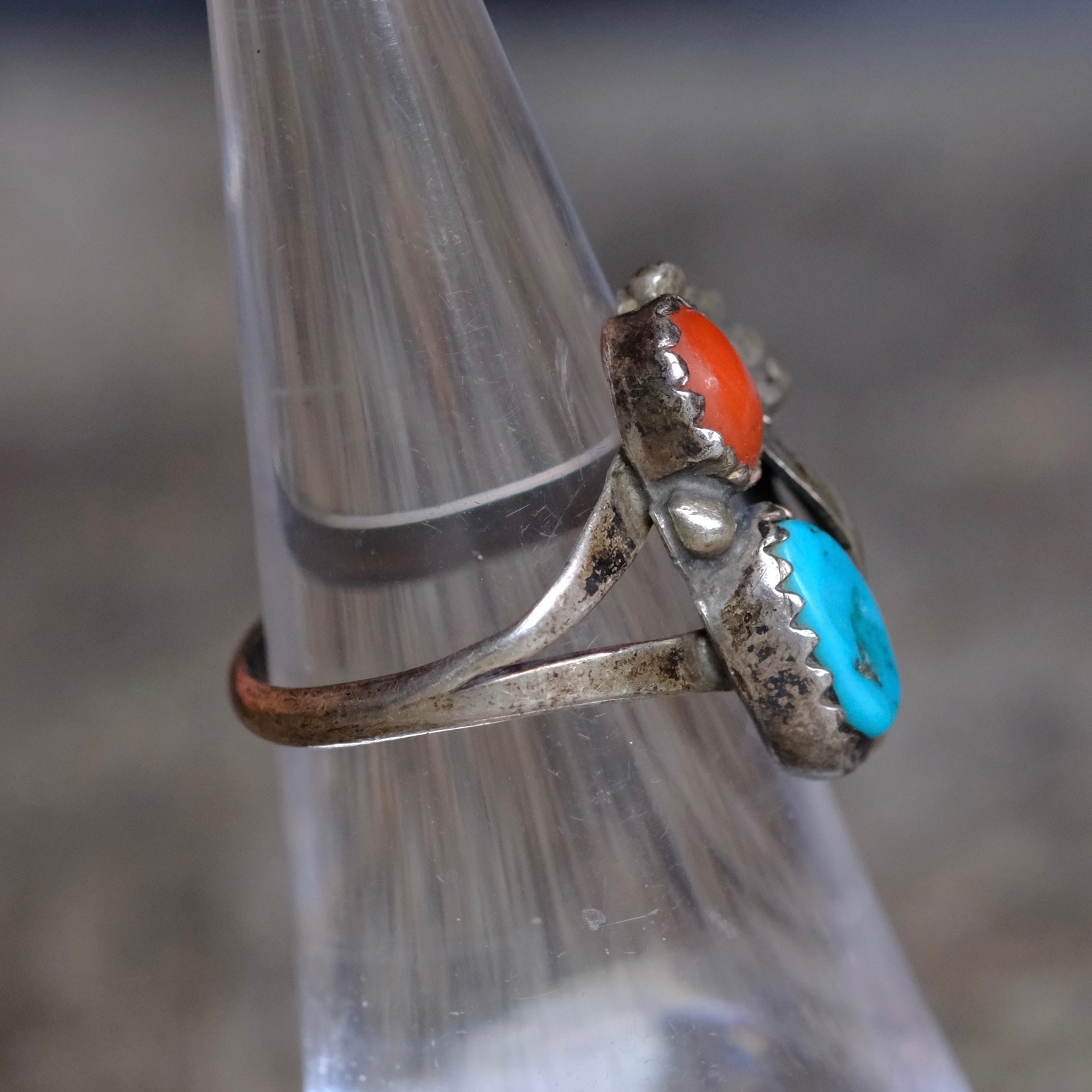 Vintage Sterling Turquoise and Coral Feather Ring 4.75