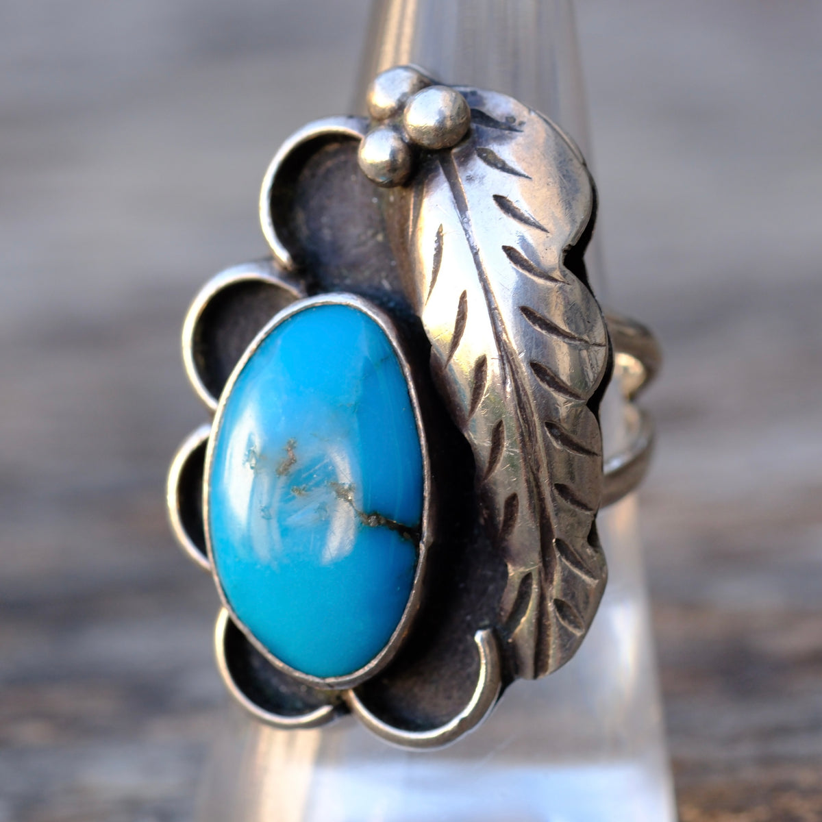 Vintage Sterling Turquoise Feather Florette Ring 7.75