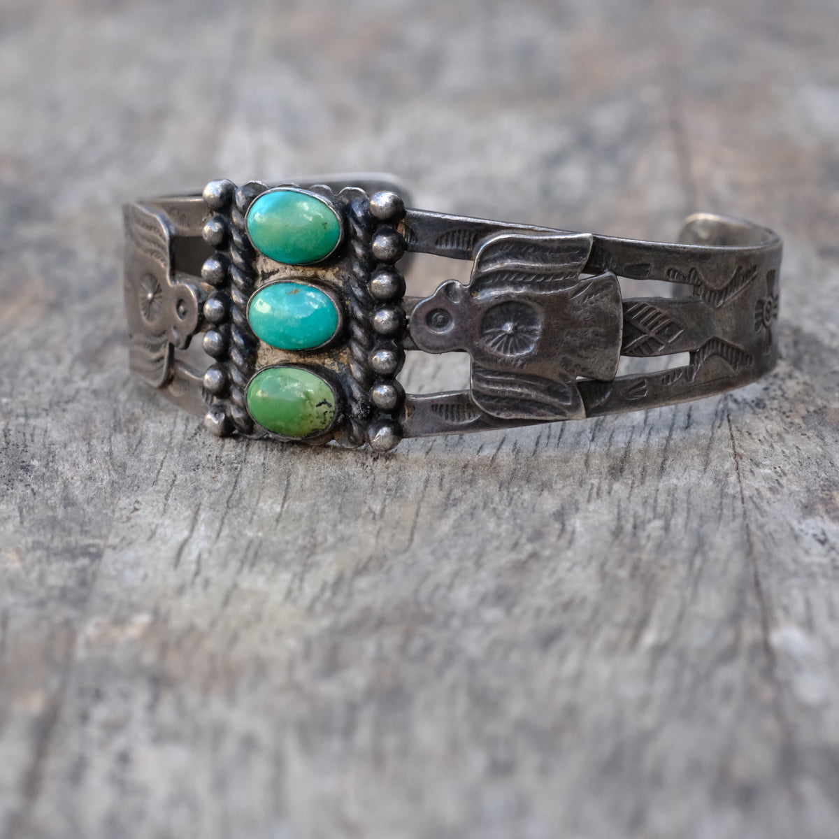 Vintage Sterling 3-Stone Turquoise Thunderbird Cuff Bracelet