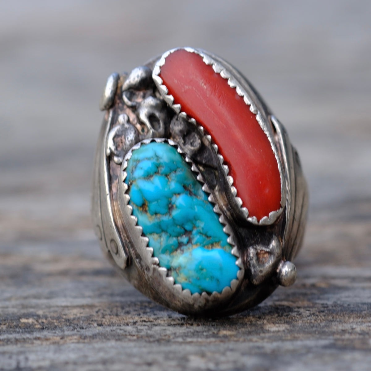 Vintage Sterling Turquoise and Coral Ring 10.5