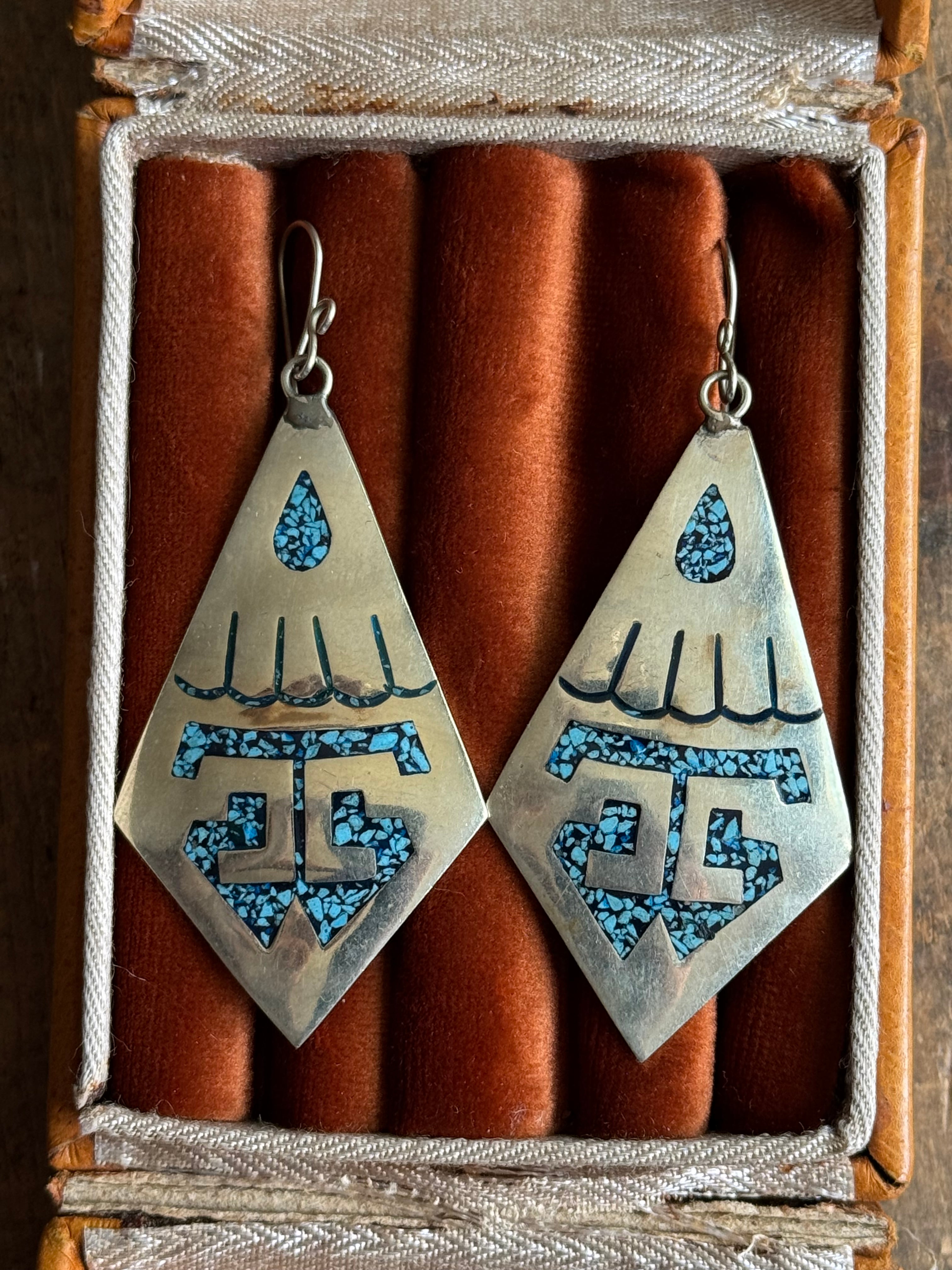 Vintage Alpaca Silver Turquoise Inlay Fan Earrings.