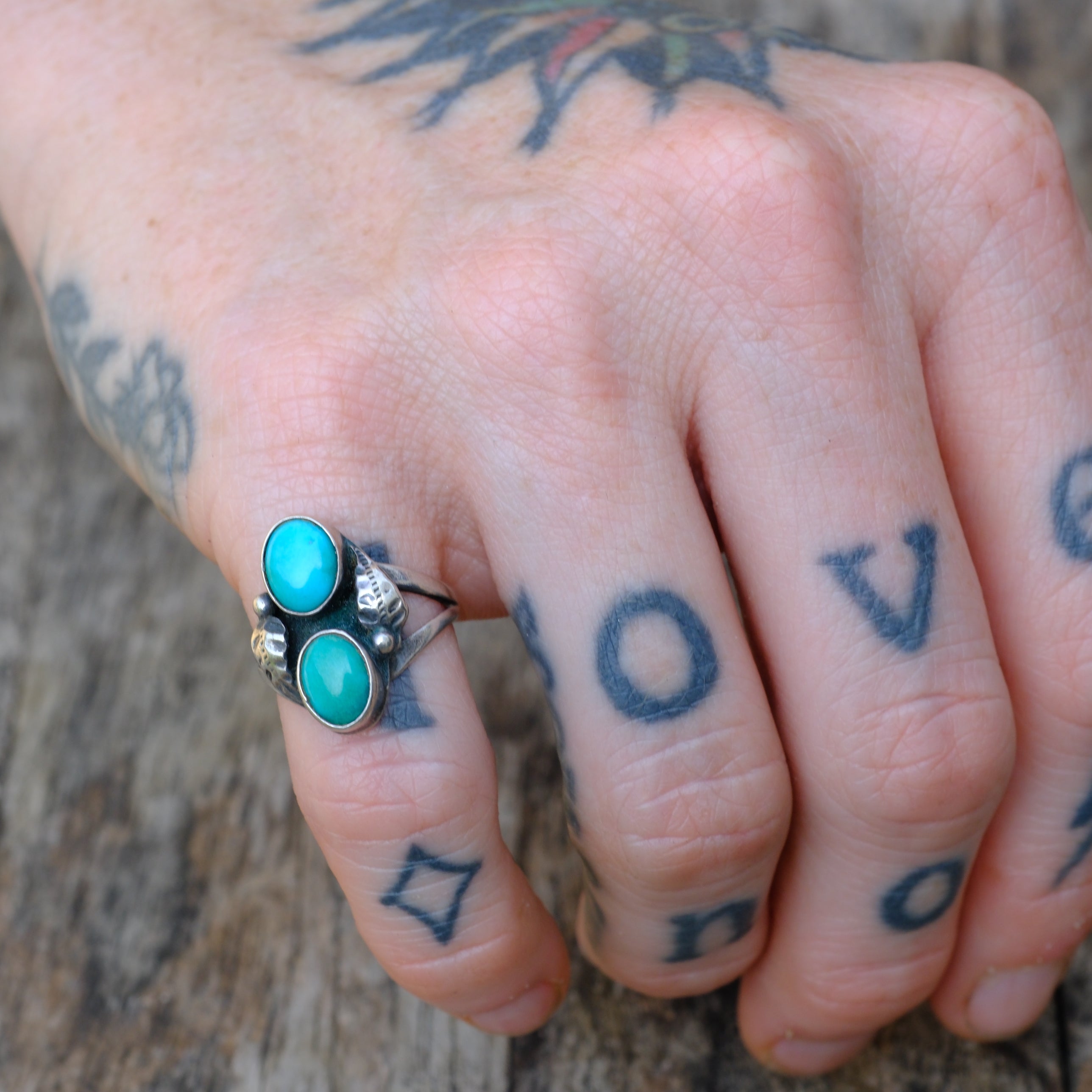 Vintage Sterling 2-Stone Turquoise Feather Ring 4.5