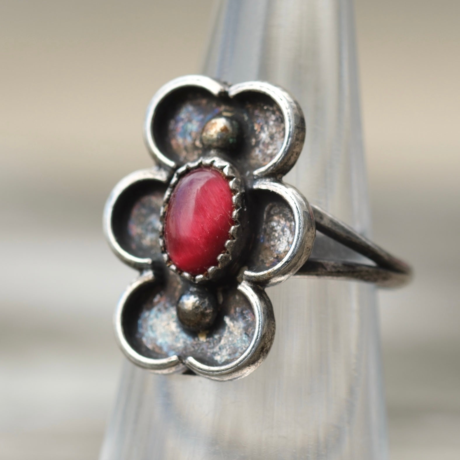 Vintage Sterling Tigers Eye Floral Ring 4.25
