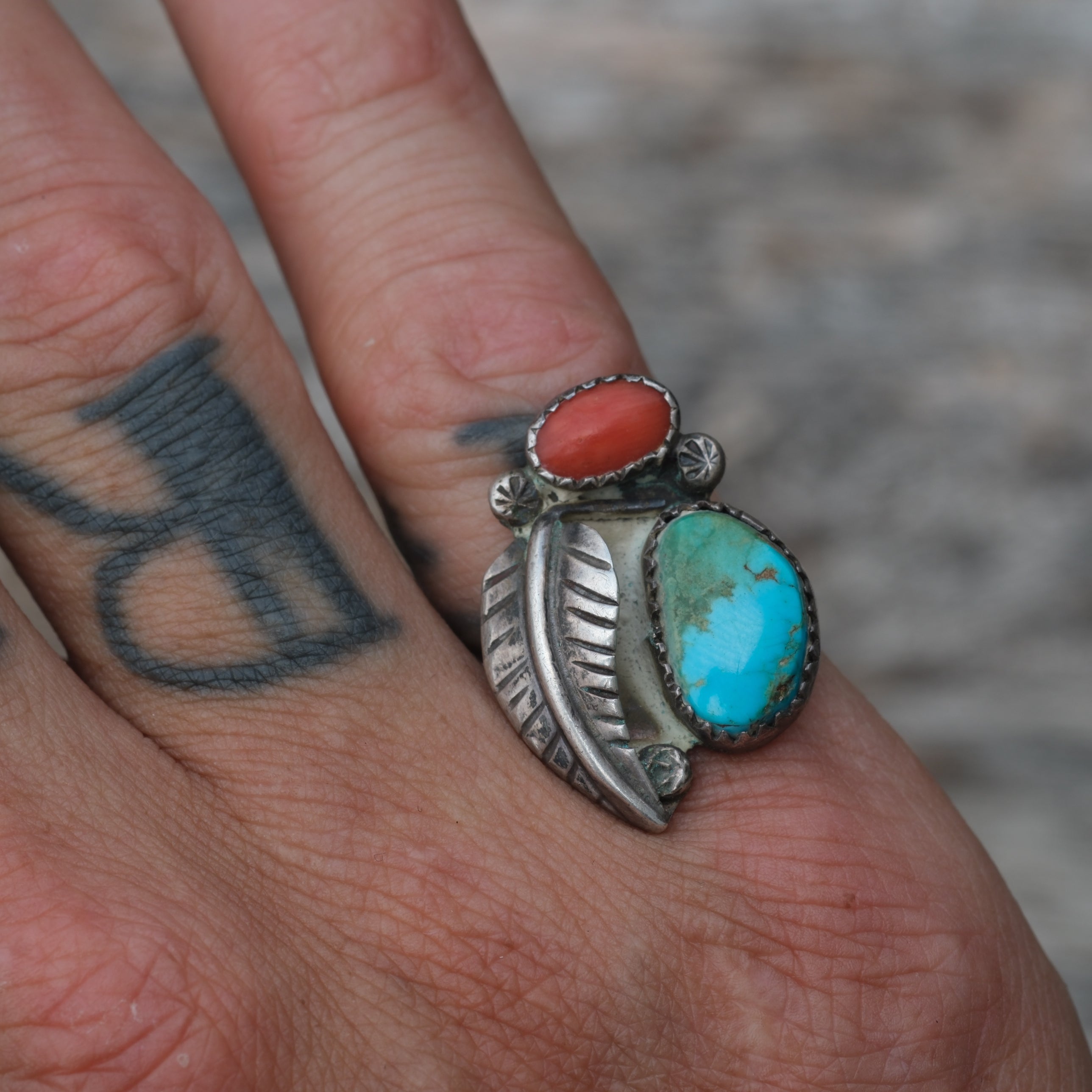 Vintage Sterling Turquoise and Coral Feather Ring 6.5