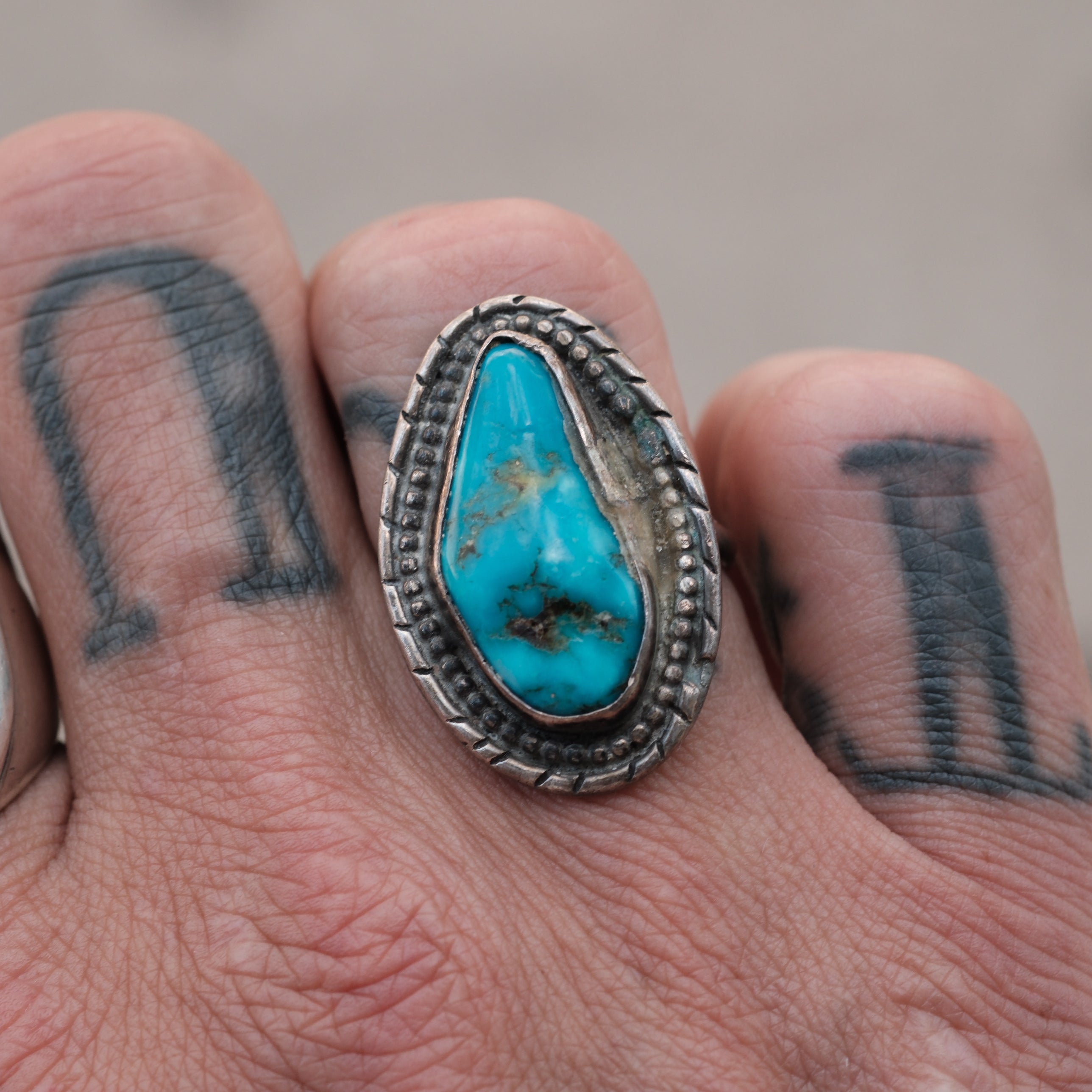 Vintage Sterling Turquoise Roper Ring 8.25