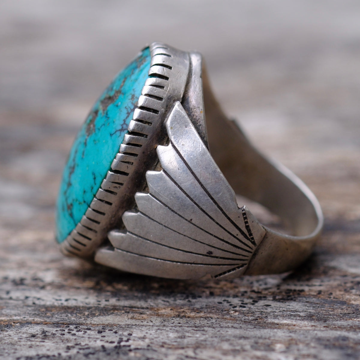 Vintage Sterling Turquoise Ribbed Band Ring 10.5