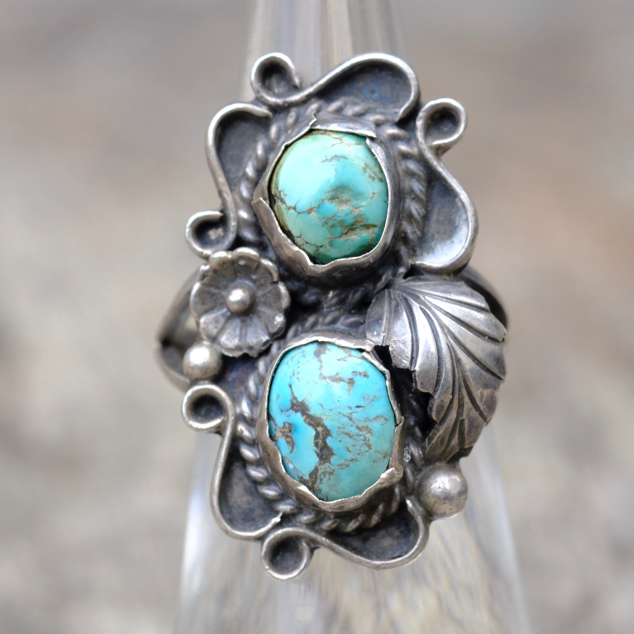 Vintage Sterling 2-Stone Turquoise Feather Ring 5.75