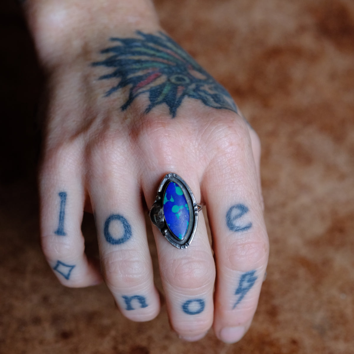 Vintage Sterling Azurite Feather Ring 8