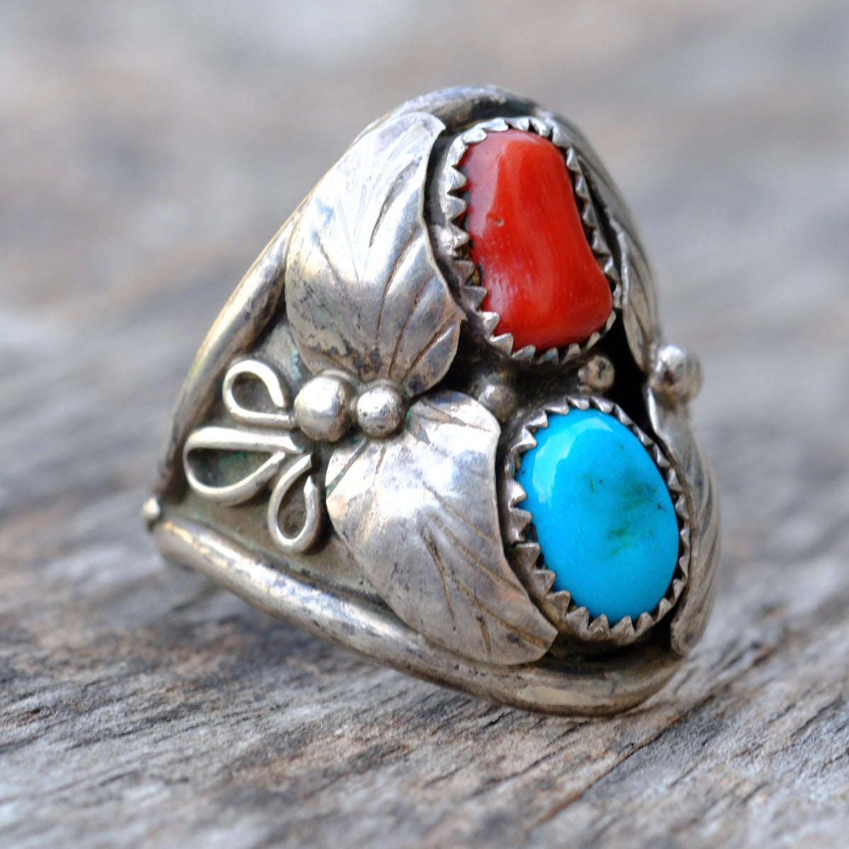 Vintage Sterling Turquoise and Coral Feather Ring 11