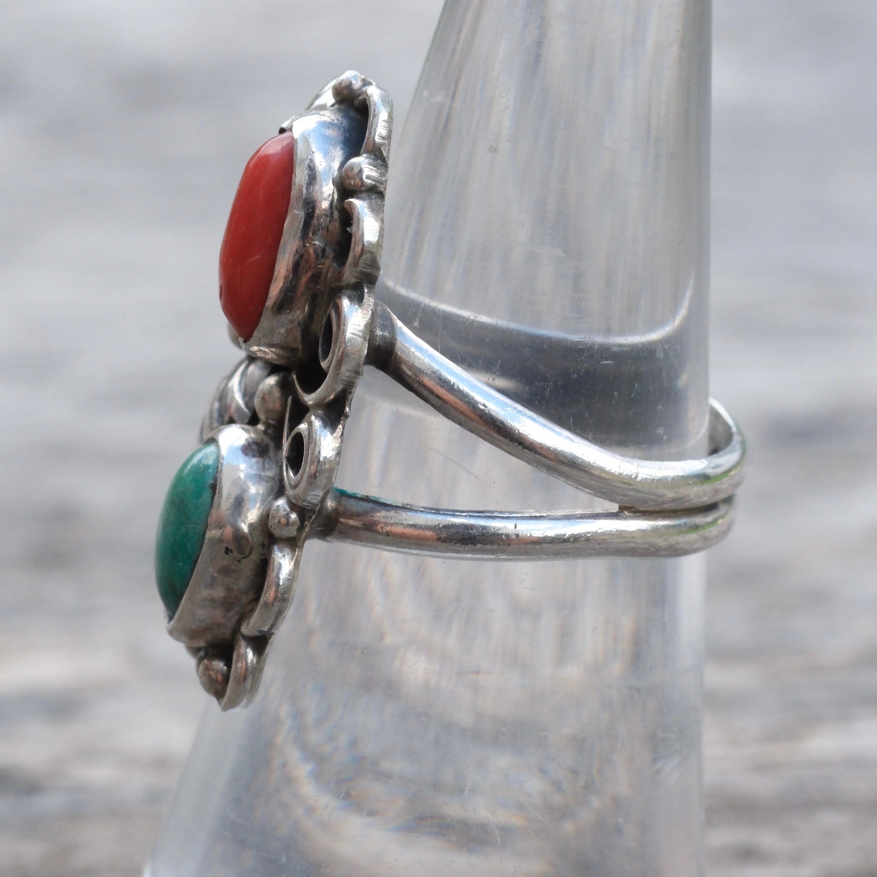 Vintage Sterling Turquoise and Coral Feather Ring 6.5
