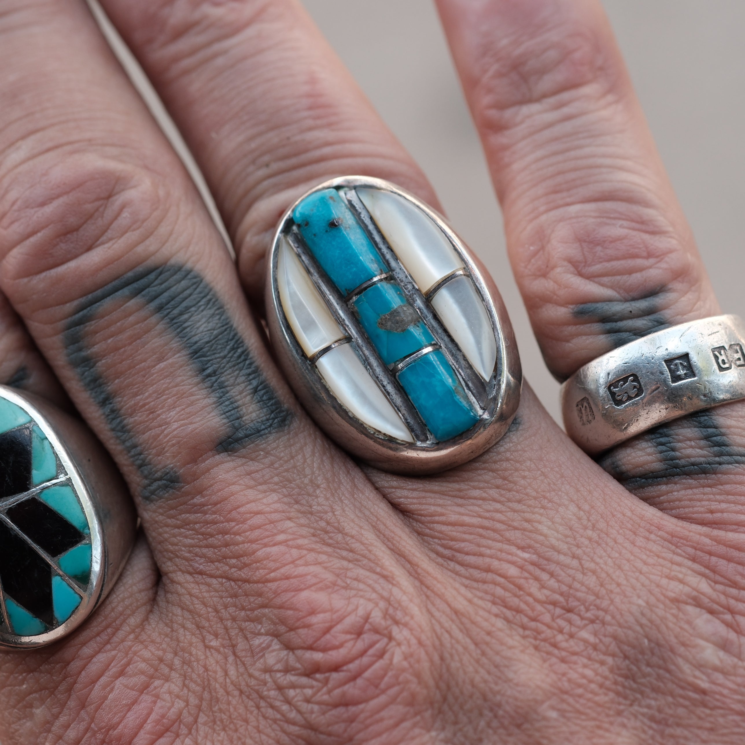Vintager Sterling Turquoise and Mother Of Pearl Inlay Ring 9