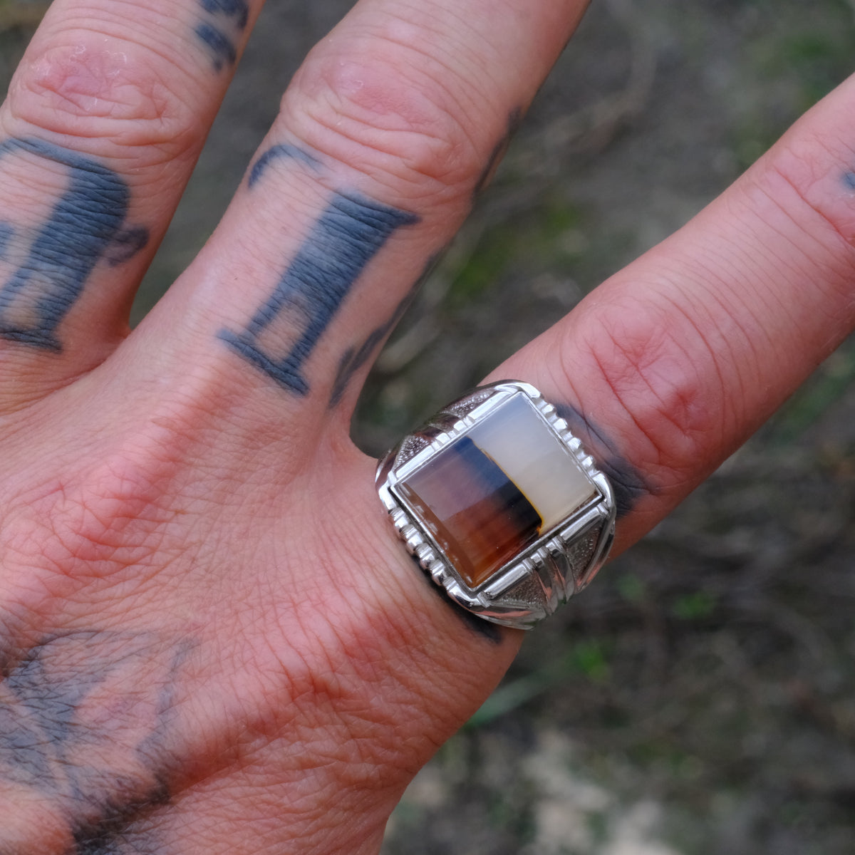 Vintage Sterling Agate Signet Ring 9.75