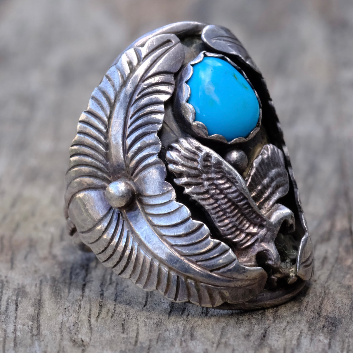 Vintage Sterling Turquoise Eagle Ring 9.5