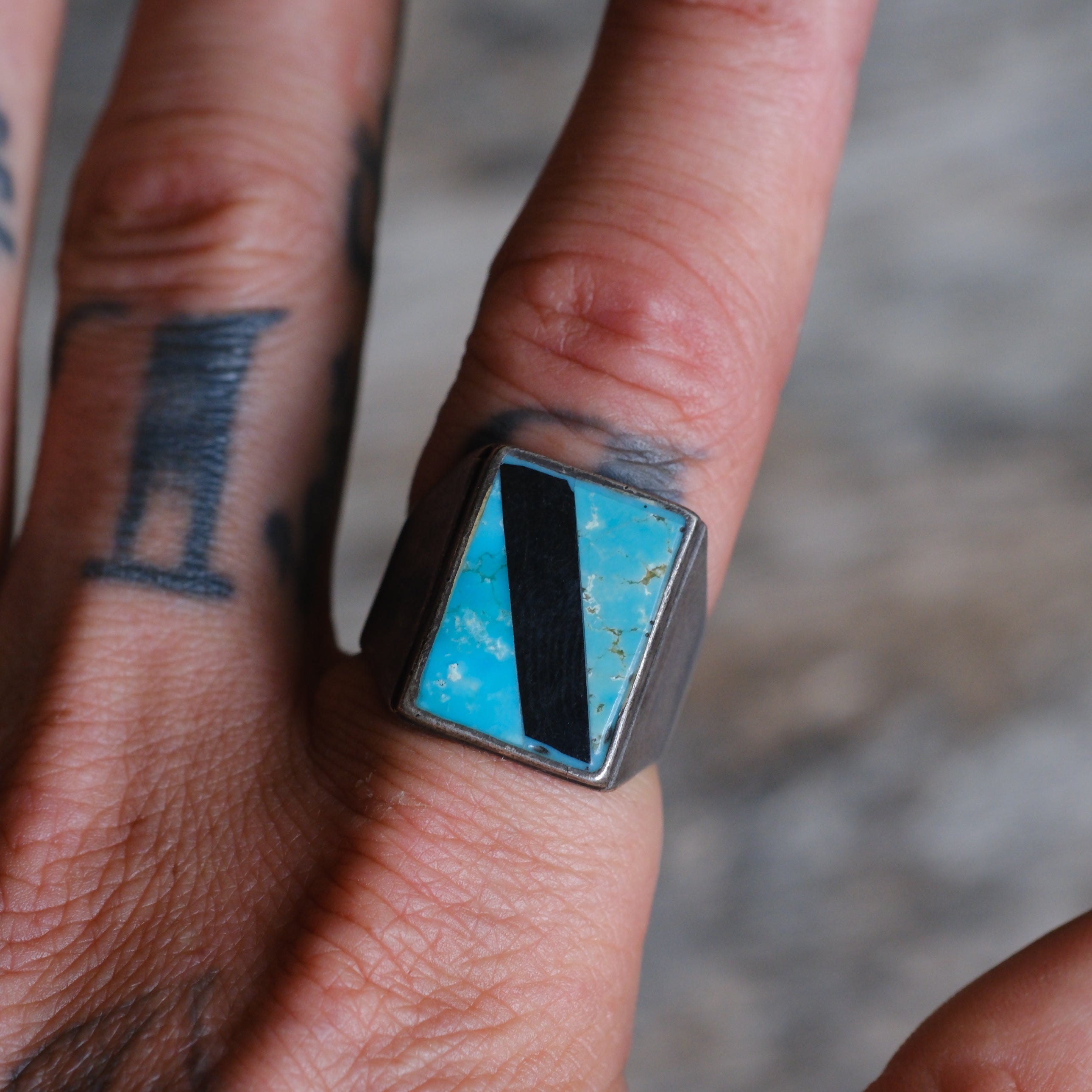 Vintage Sterling Turquoise and Onyx Inlay Ring 10.25