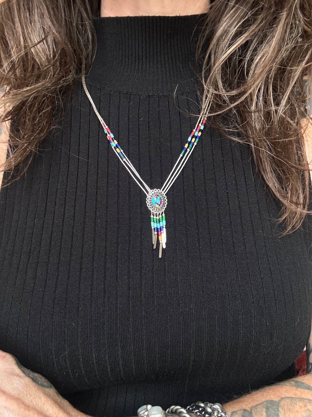 Vintage Sterling Silver Liquid Silver Beaded Multistone Inlay Concho Necklace