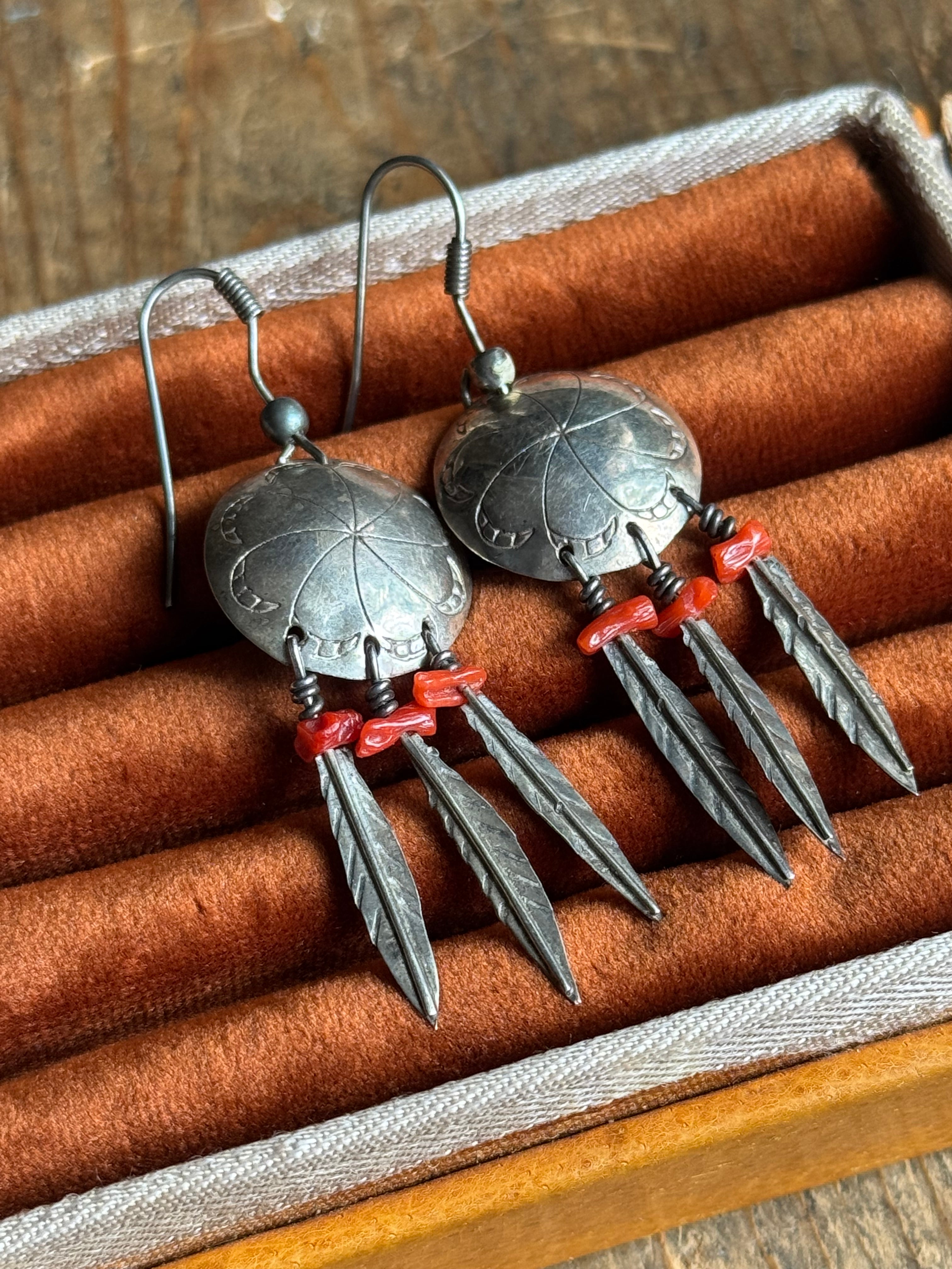 Vintage Sterling Silver Coral Bead Feather Concho Earrings