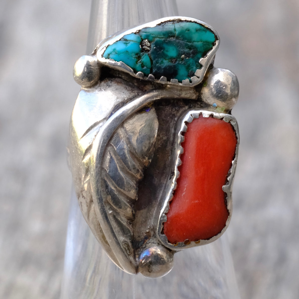 Vintage Sterling Turquoise and Coral Feather Ring 5