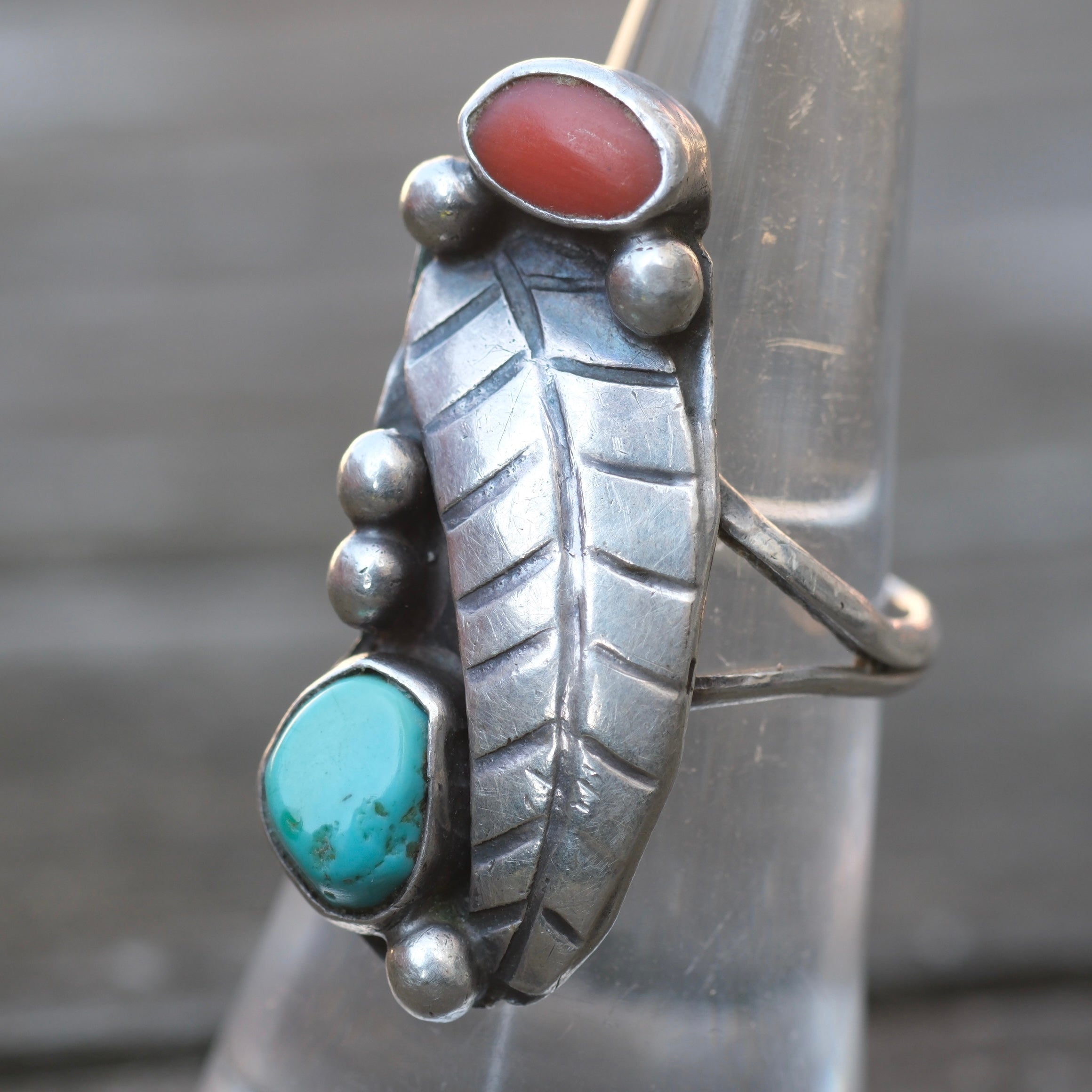 Vintage Sterling Turquoise and Coral Feather Ring 5.75