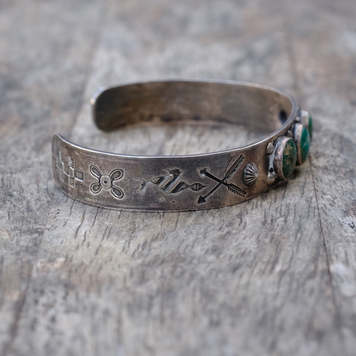 Vintage Sterling 3-Stone Turquoise Stamped Cuff Bracelet