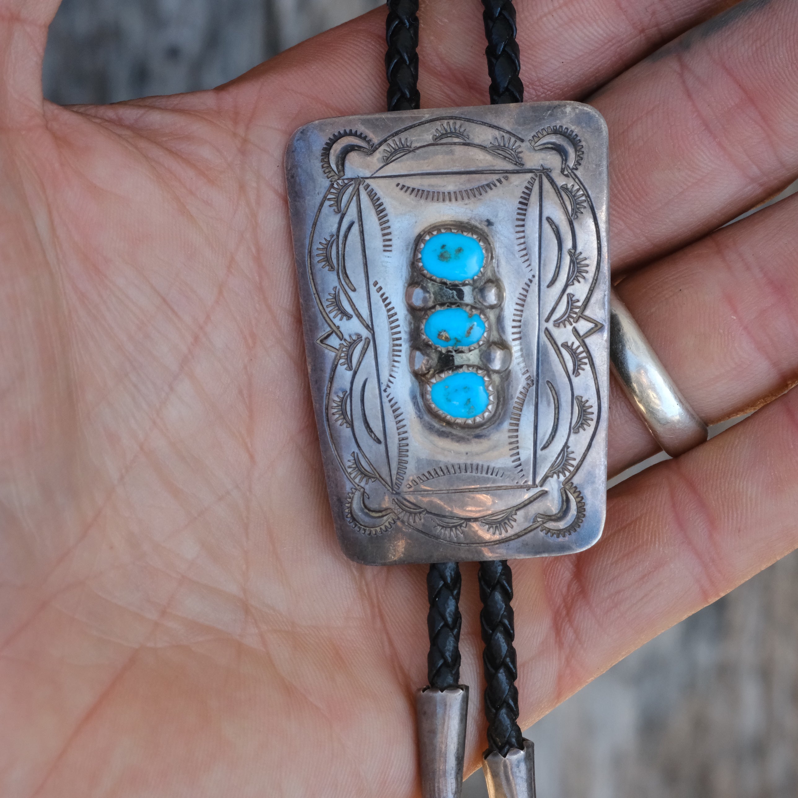 Vintage Sterling 3-Stone Turquoise Bolo Tie