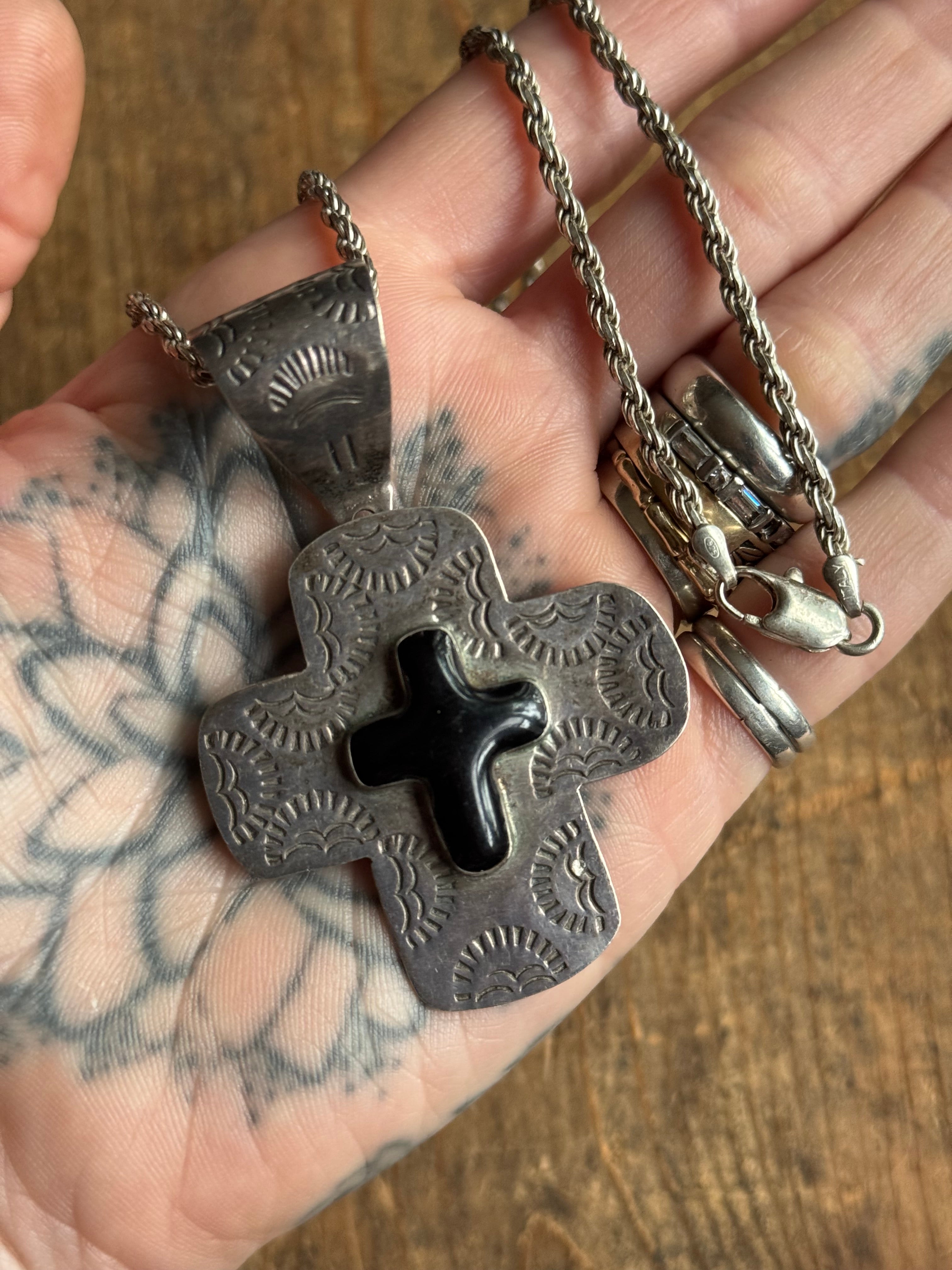 Vintage Sterling Silver Onyx Stamped Cross Necklace