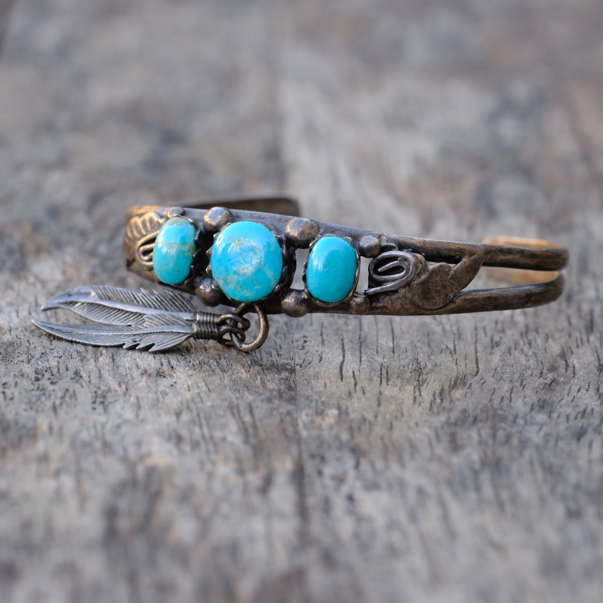Vintage Sterling Turquoise Feather Cuff Bracelet