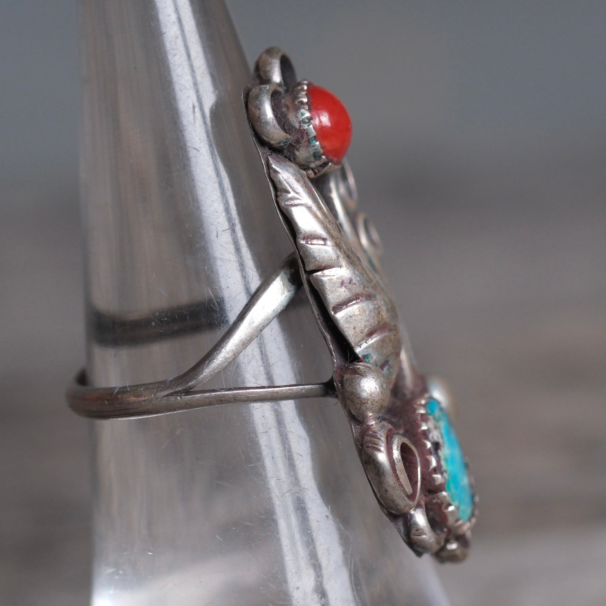 Vintage Sterling Turquoise and Coral Ring 6.25