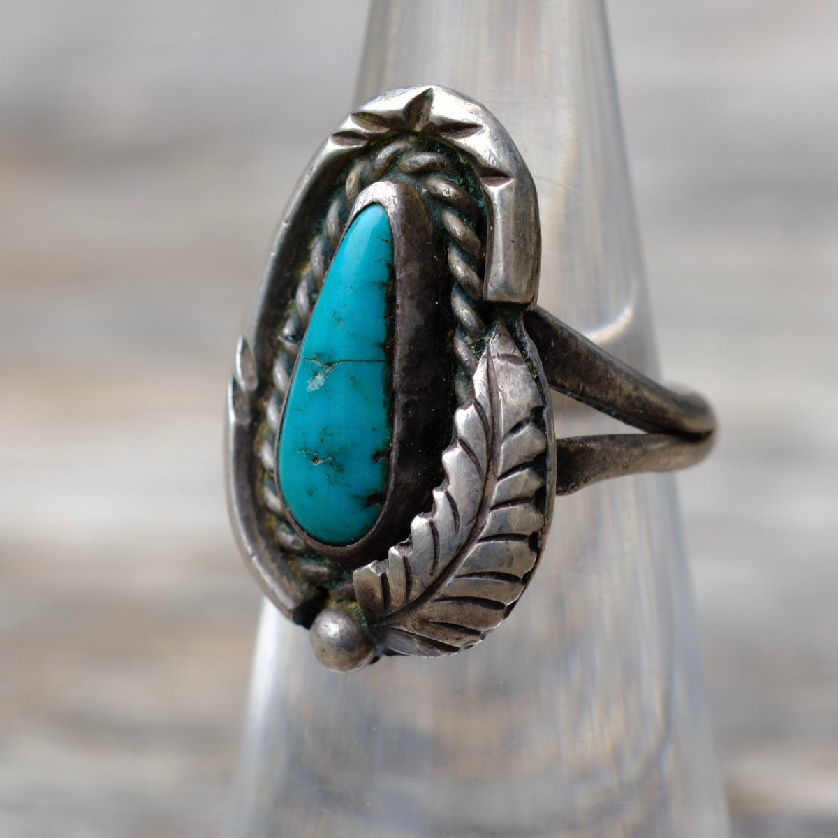 Vintage Sterling Turquoise Feather Ring 5.5