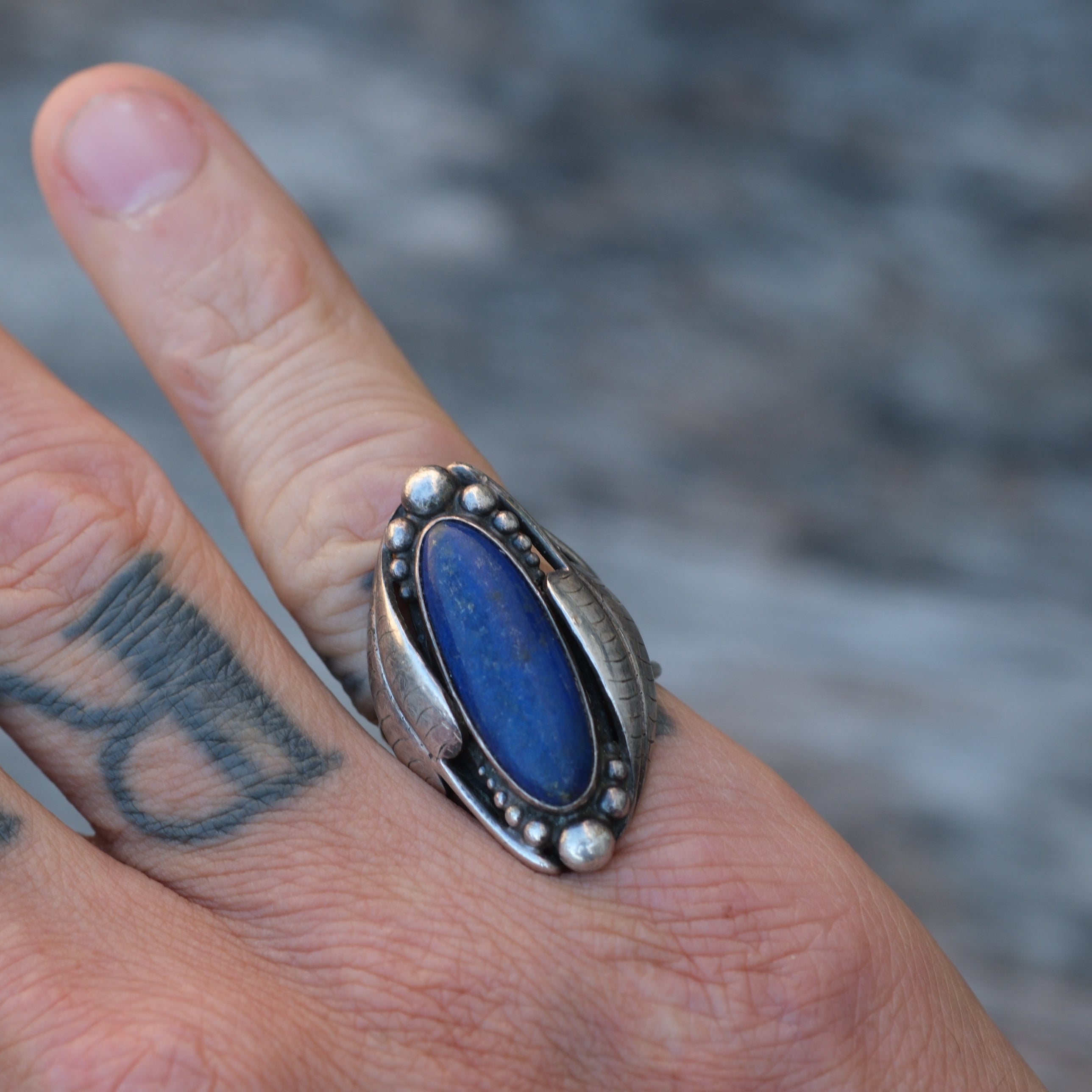 Vintage Sterling Lapis Feather Ring 5.25