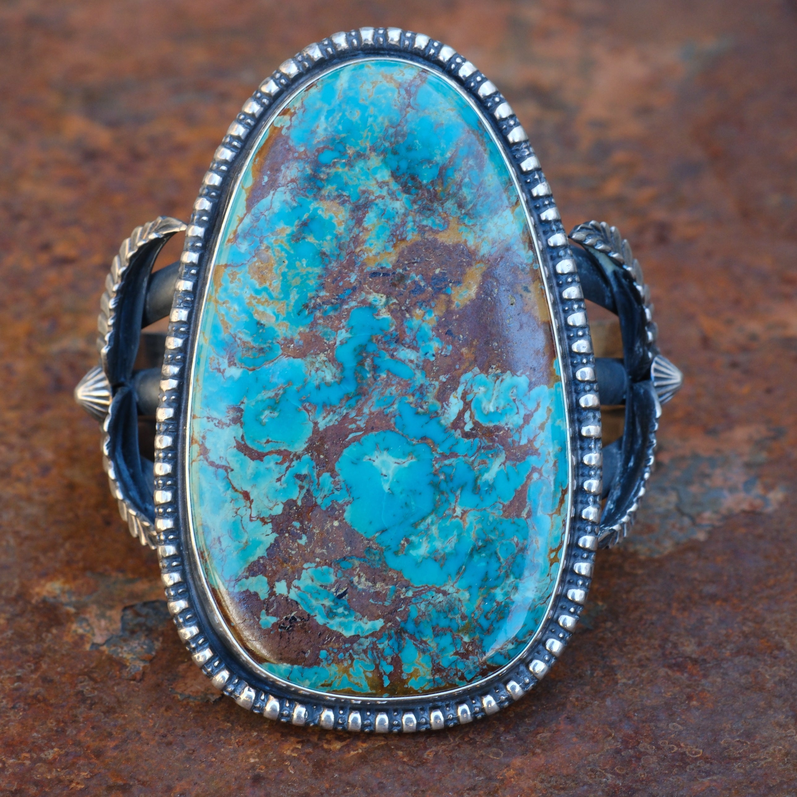 HUGE Vintage Sterling Turquoise Feather Cuff Bracelet