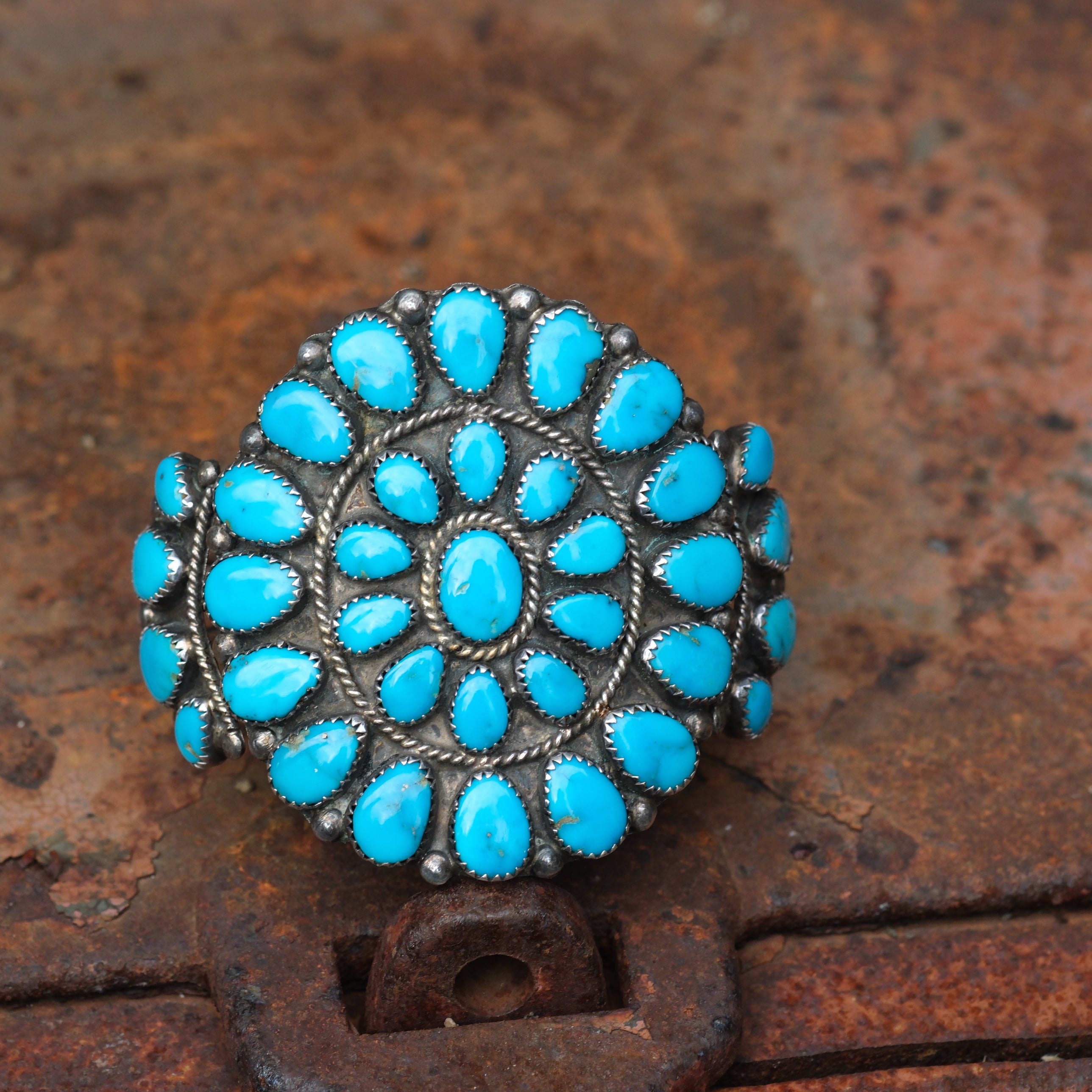 Incredible Vintage Sterling Turquoise Cluster Cuff