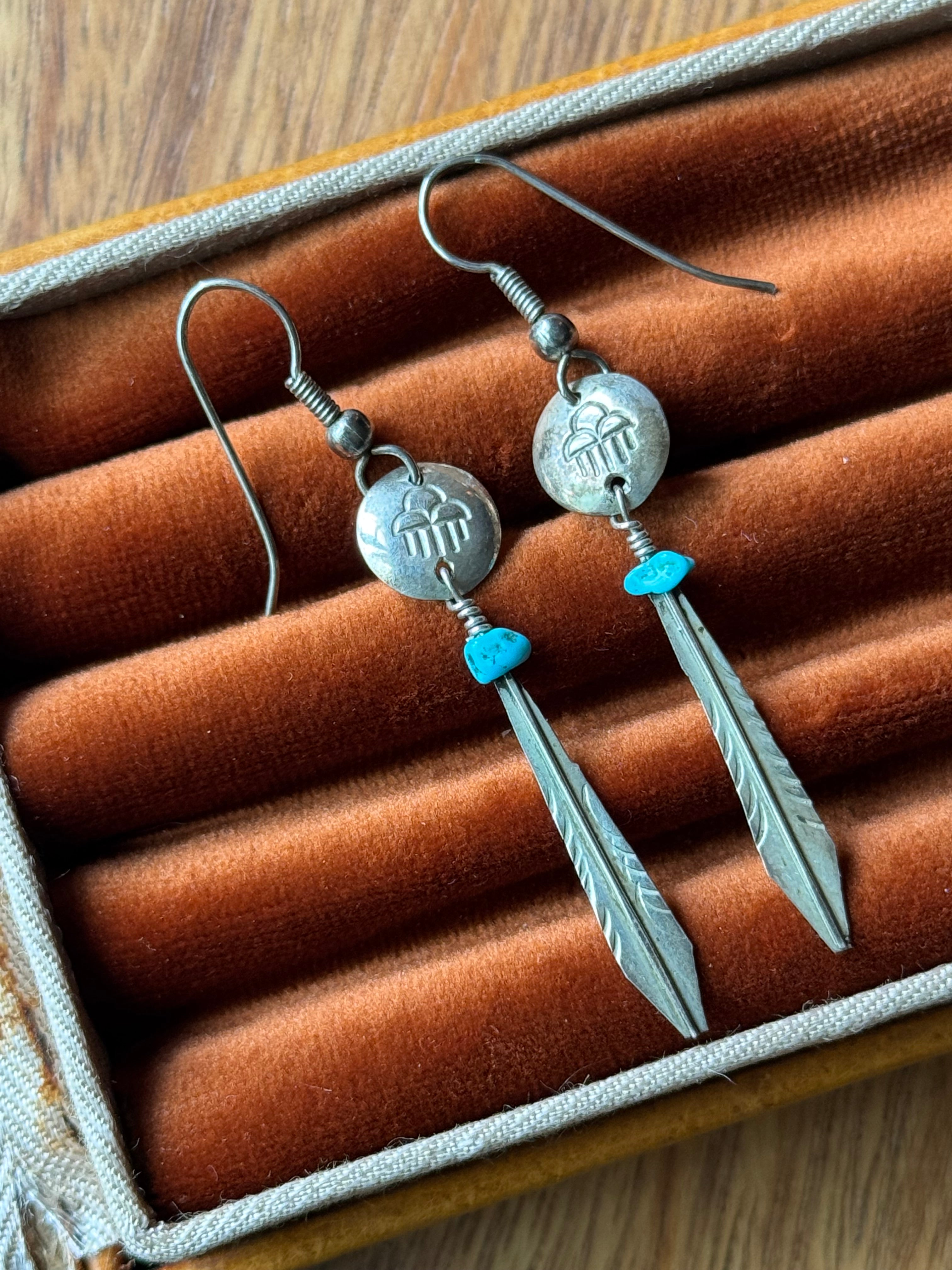 Vintage Sterling Silver Stamped Concho Turquoise Feather Earrings